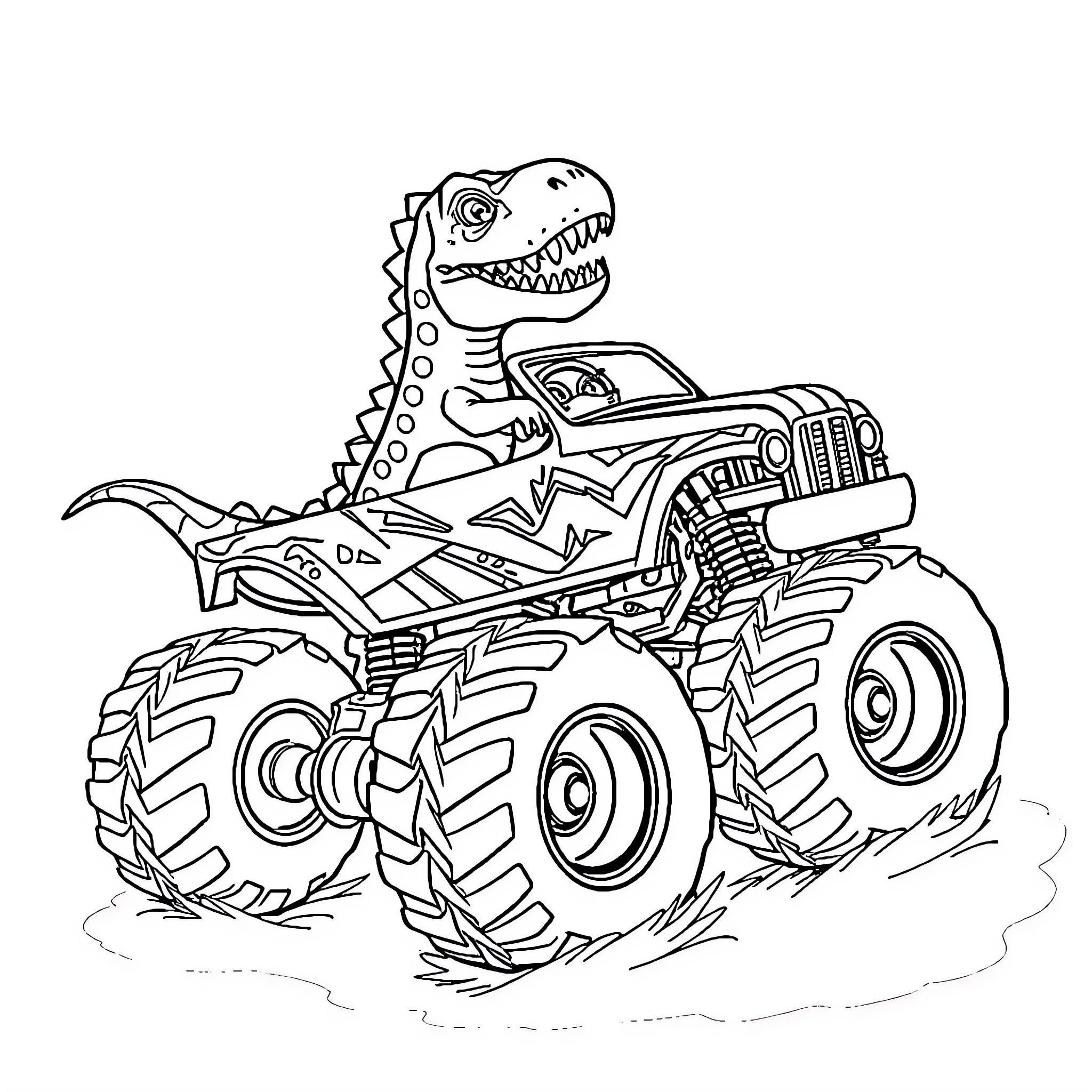 Dinosaur riding a monster truck in action Coloring Page (free black-and-white line drawing printable PDF for all, from beginners to advanced learners, including children, teens, adults, and seniors)