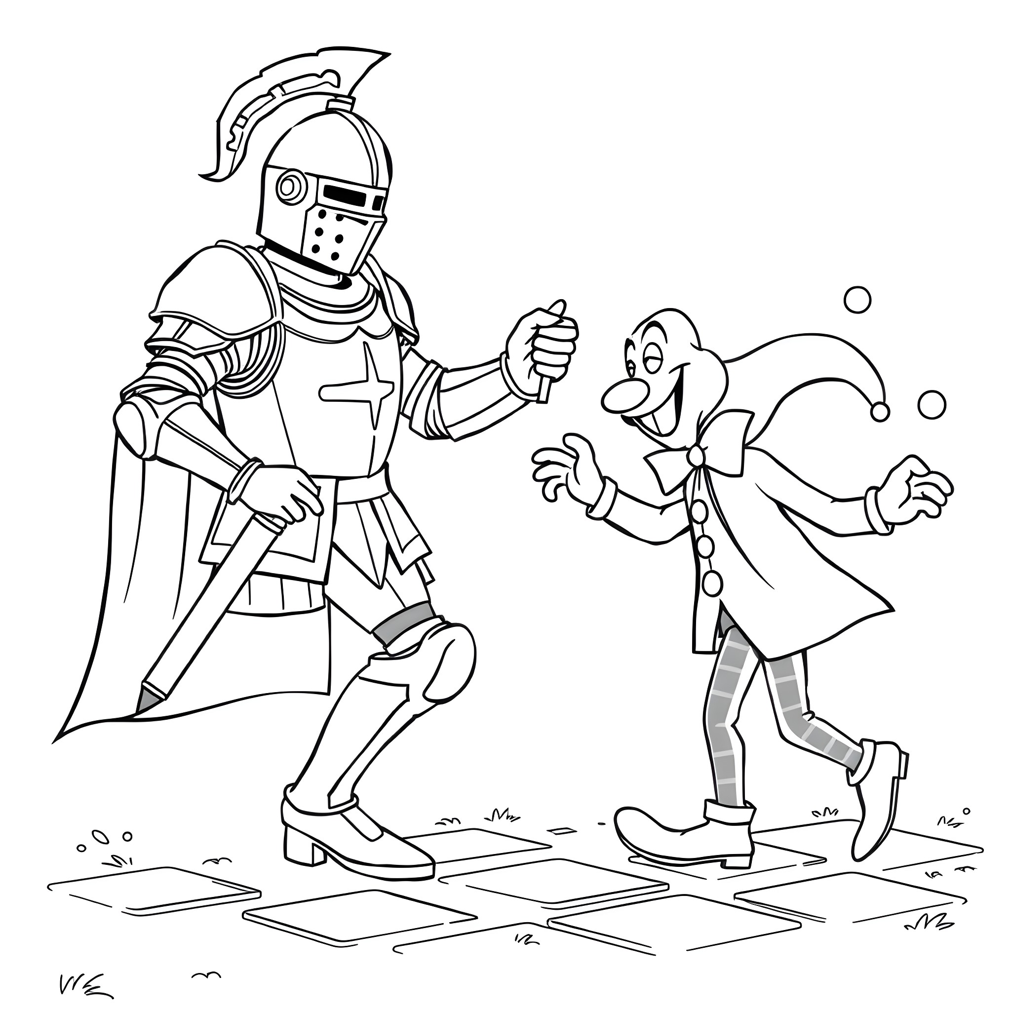 Knight challenges jester in epic battle Coloring Page (free black-and-white line drawing printable PDF for all, from beginners to advanced learners, including children, teens, adults, and seniors)