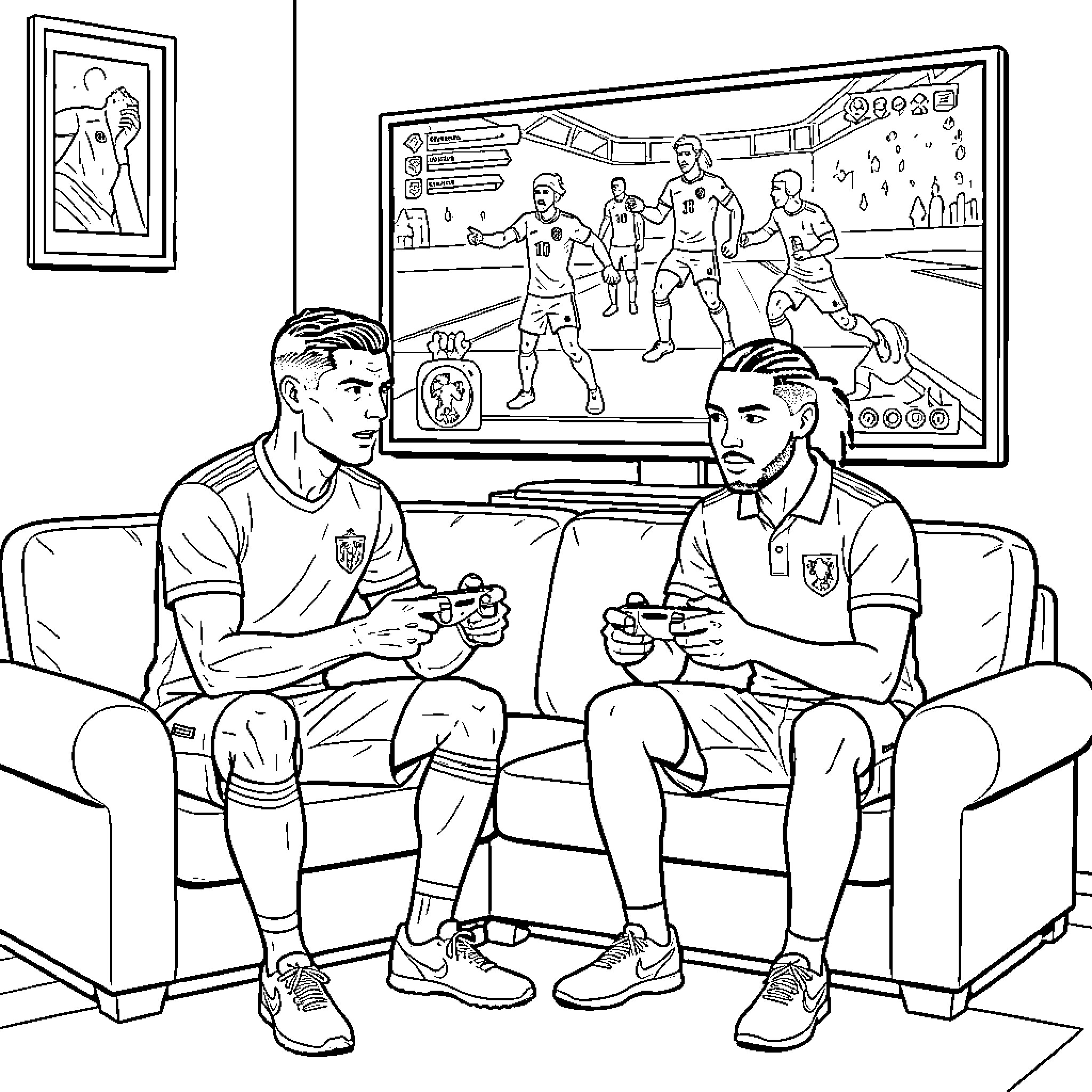 Cristiano Ronaldo playing video games on a sofa Coloring Page (free black-and-white line drawing printable PDF for all, from beginners to advanced learners, including children, teens, adults, and seniors)