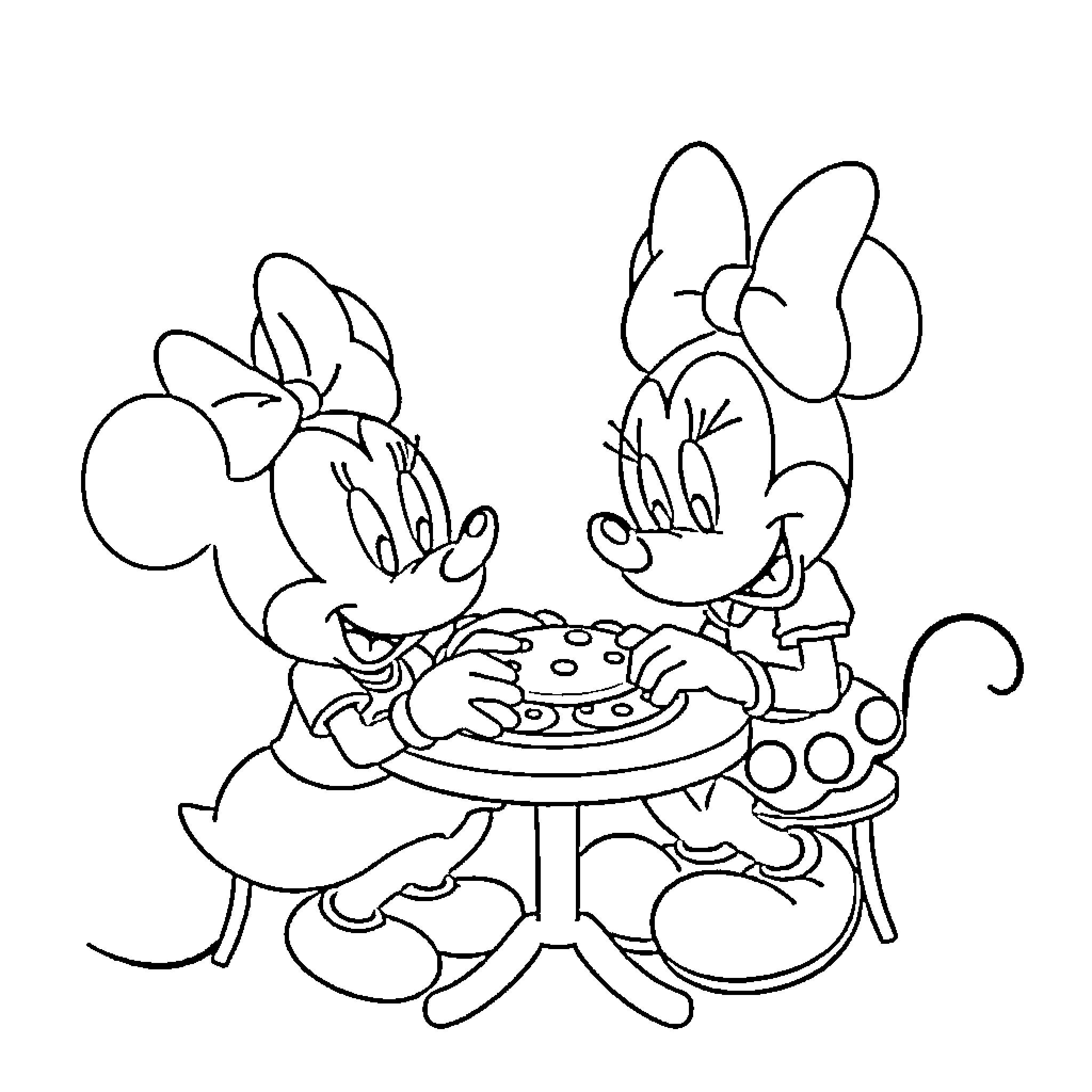 Mickey Mouse and Minnie Mouse enjoying a delicious snack Coloring Page (free black-and-white line drawing printable PDF for all, from beginners to advanced learners, including children, teens, adults, and seniors)