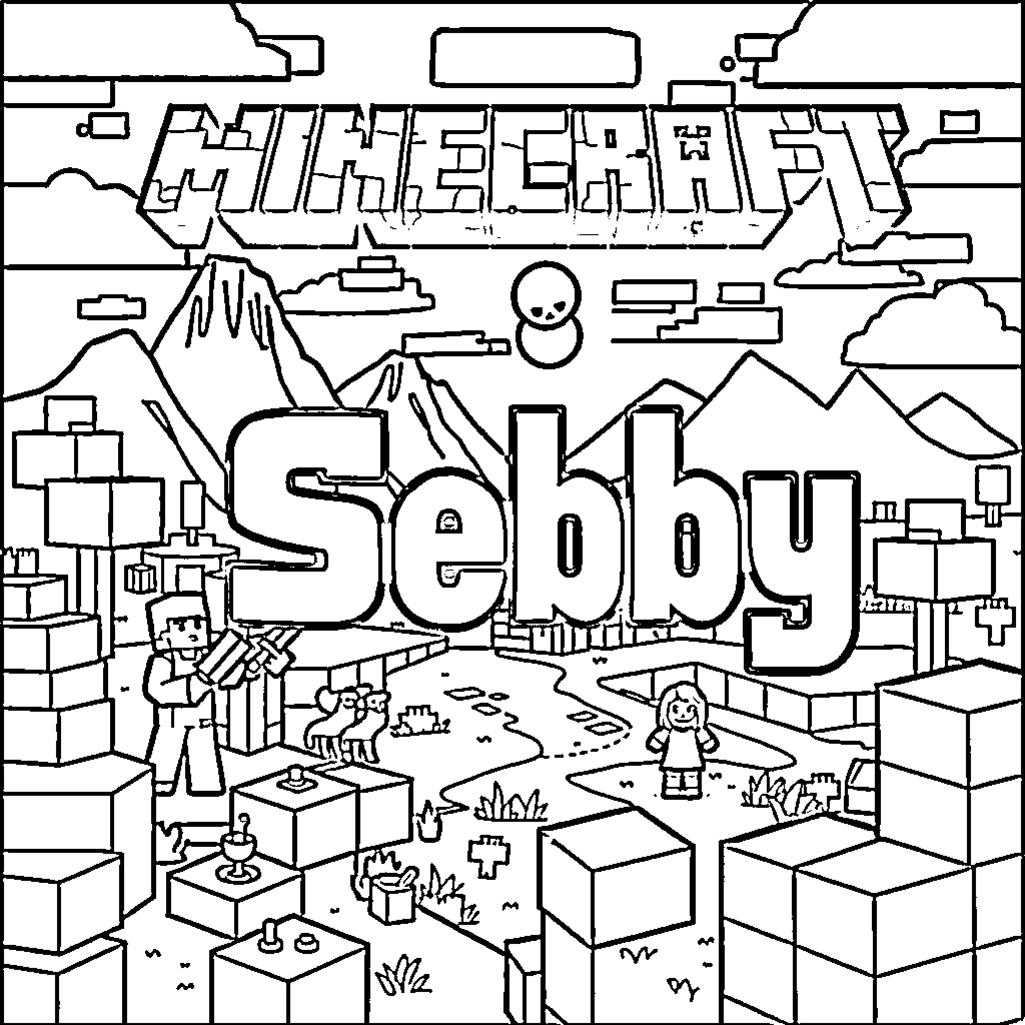 Minecraft Sebby - Blocky World Adventure Coloring Page (free black-and-white line drawing printable PDF for all, from beginners to advanced learners, including children, teens, adults, and seniors)