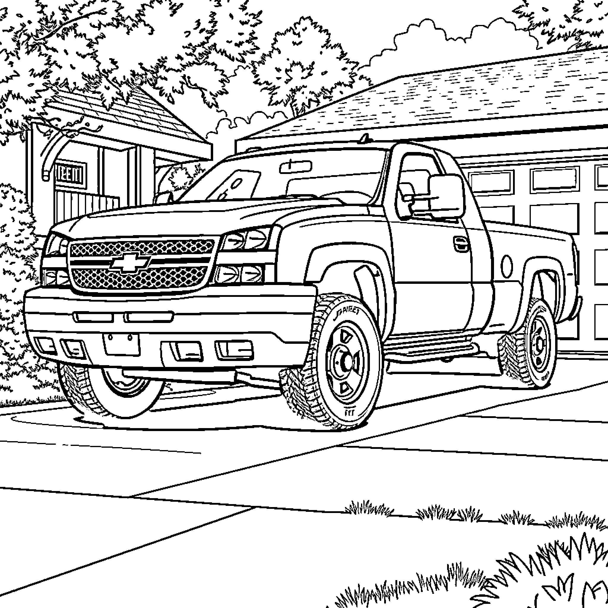 Chevy Truck Parked in Scenic Outdoor Setting Coloring Page (free black-and-white line drawing printable PDF for all, from beginners to advanced learners, including children, teens, adults, and seniors)