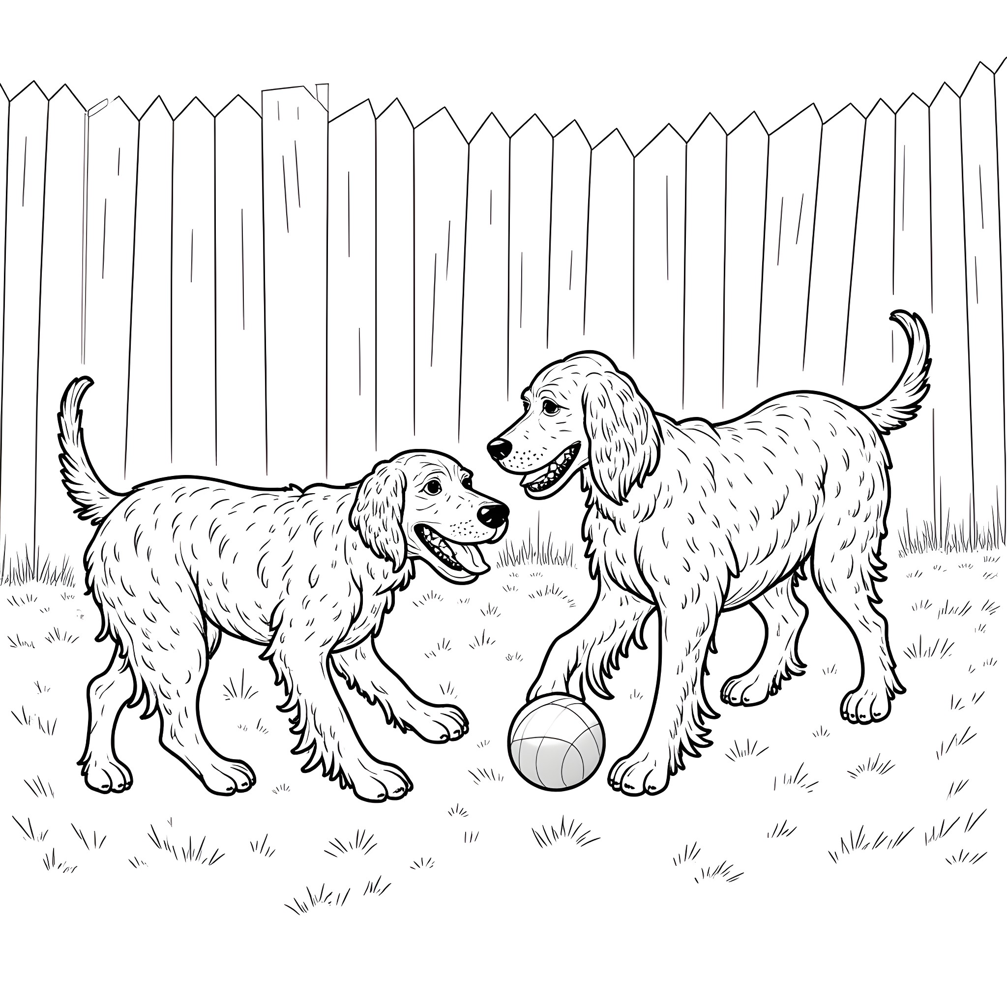 Dogs playing happily with ball in the yard Coloring Page (free black-and-white line drawing printable PDF for all, from beginners to advanced learners, including children, teens, adults, and seniors)