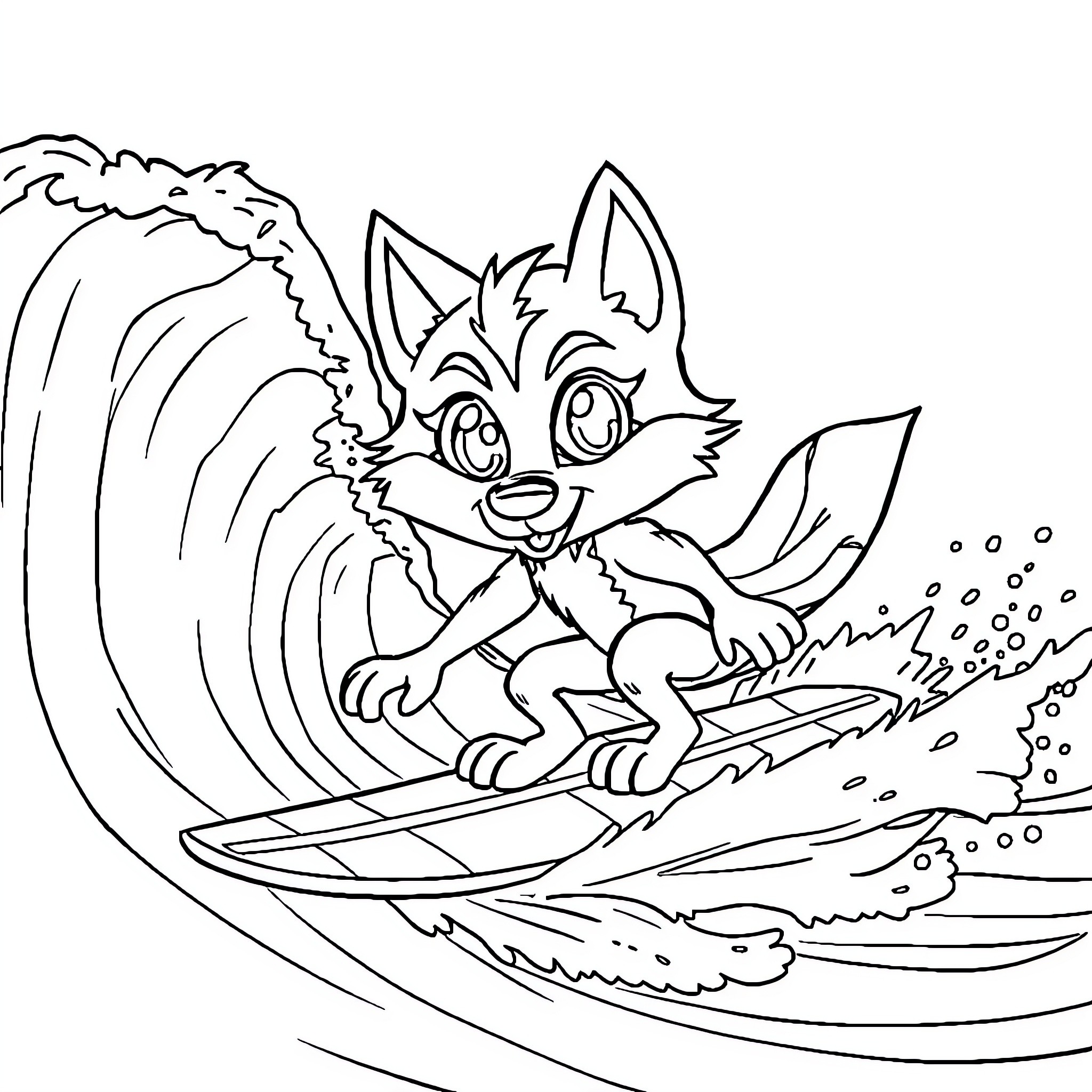 Wolf surfing a big wave Coloring Page (free black-and-white line drawing printable PDF for all, from beginners to advanced learners, including children, teens, adults, and seniors)