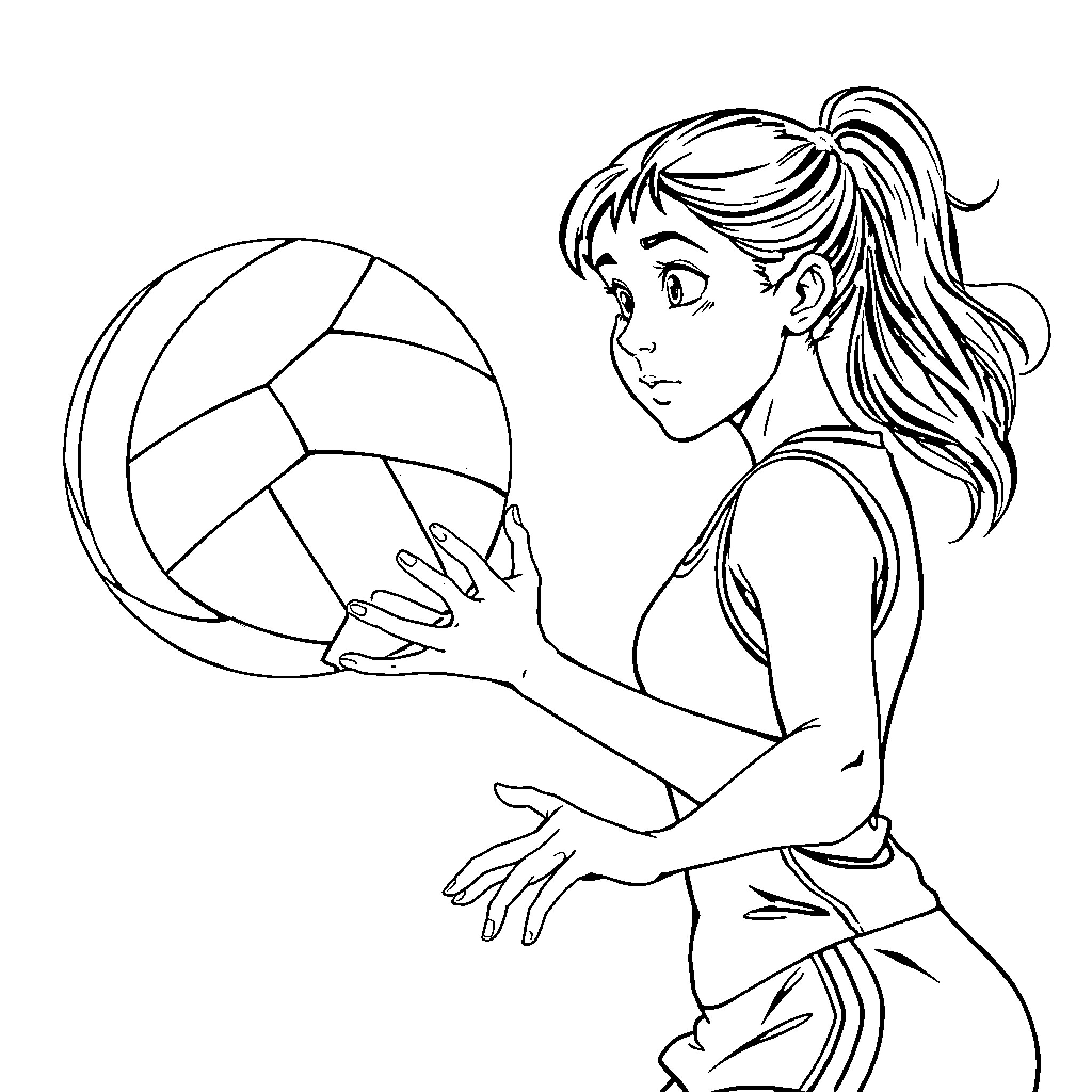 Girl playing with volleyball Coloring Page (free black-and-white line drawing printable PDF for all, from beginners to advanced learners, including children, teens, adults, and seniors)