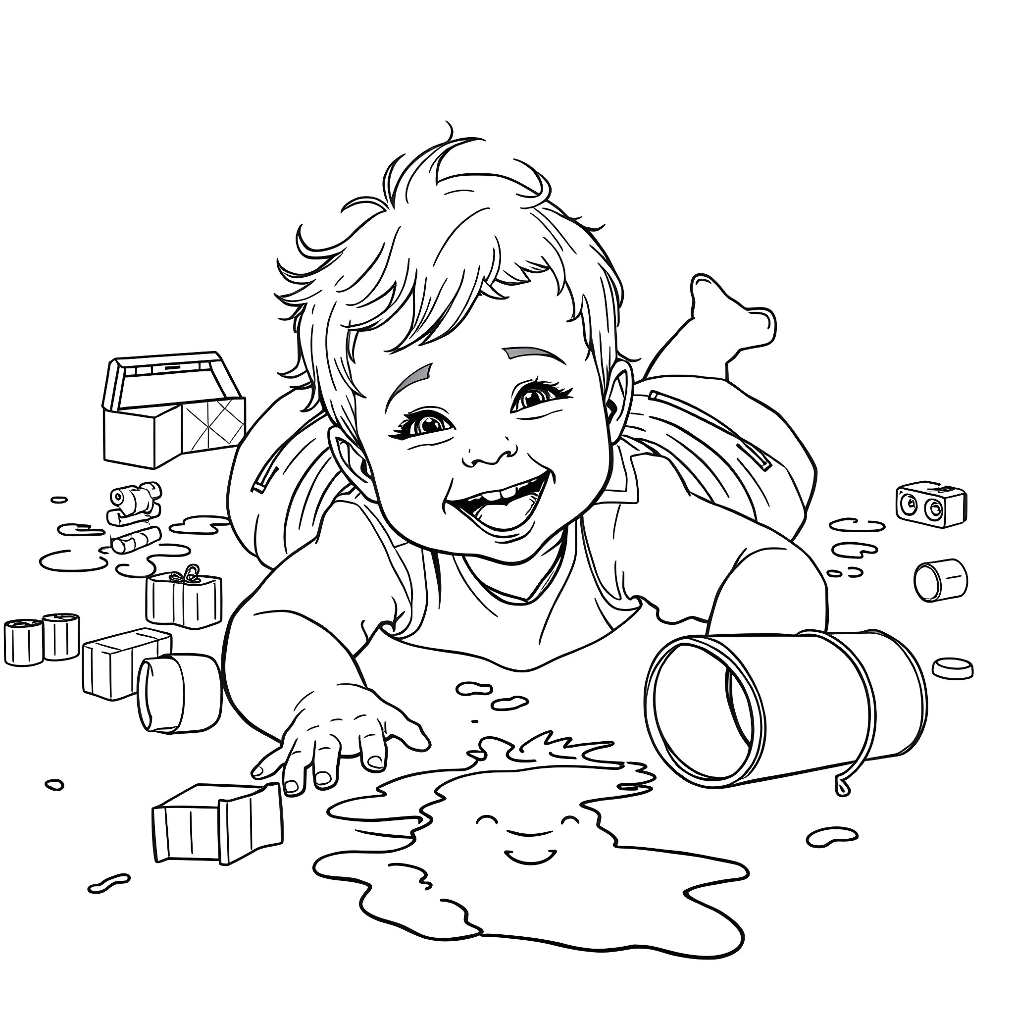 Toddler playing joyfully with toys on the floor Coloring Page (free black-and-white line drawing printable PDF for all, from beginners to advanced learners, including children, teens, adults, and seniors)