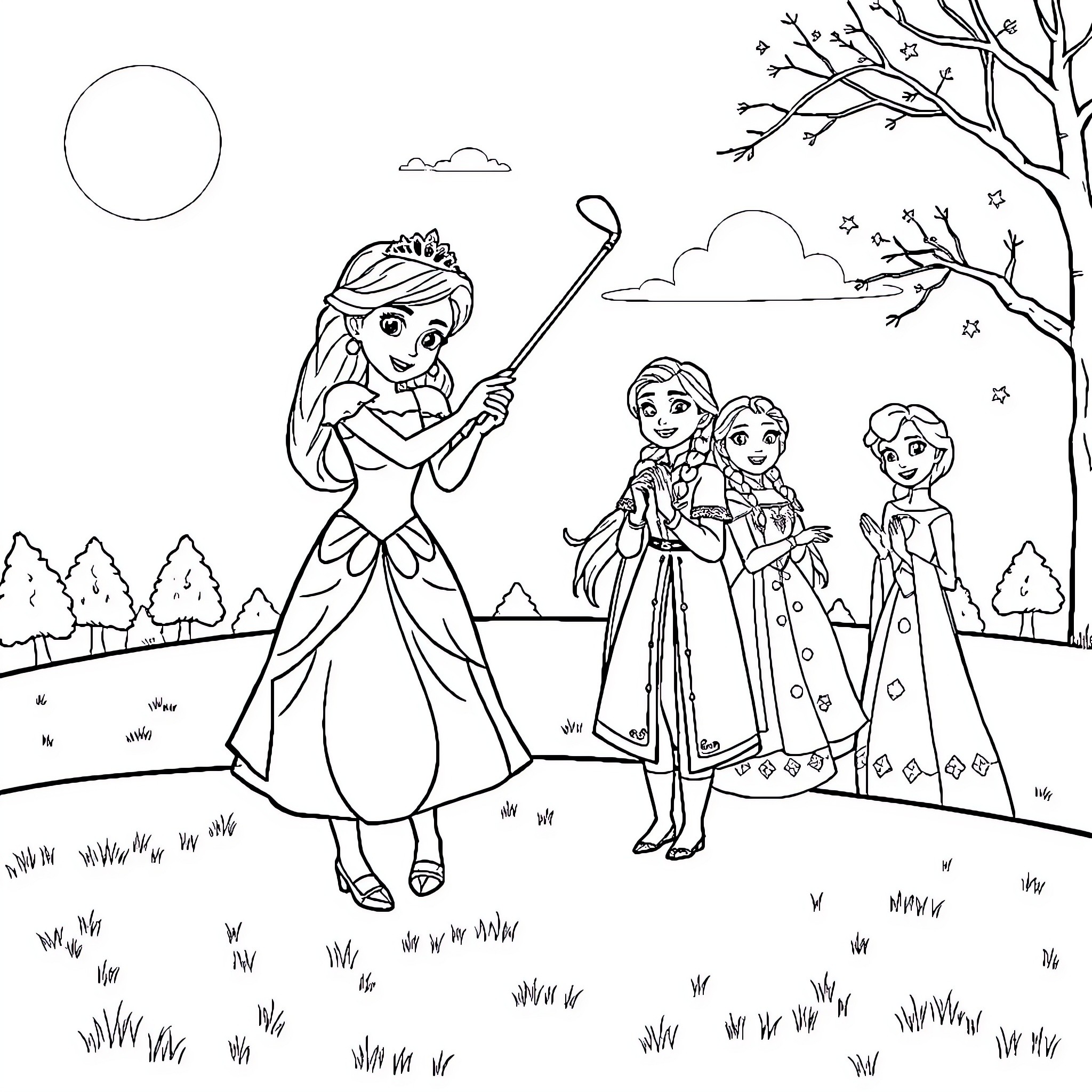 Princess and her Companions on a Picnic Adventure Coloring Page (free black-and-white line drawing printable PDF for all, from beginners to advanced learners, including children, teens, adults, and seniors)