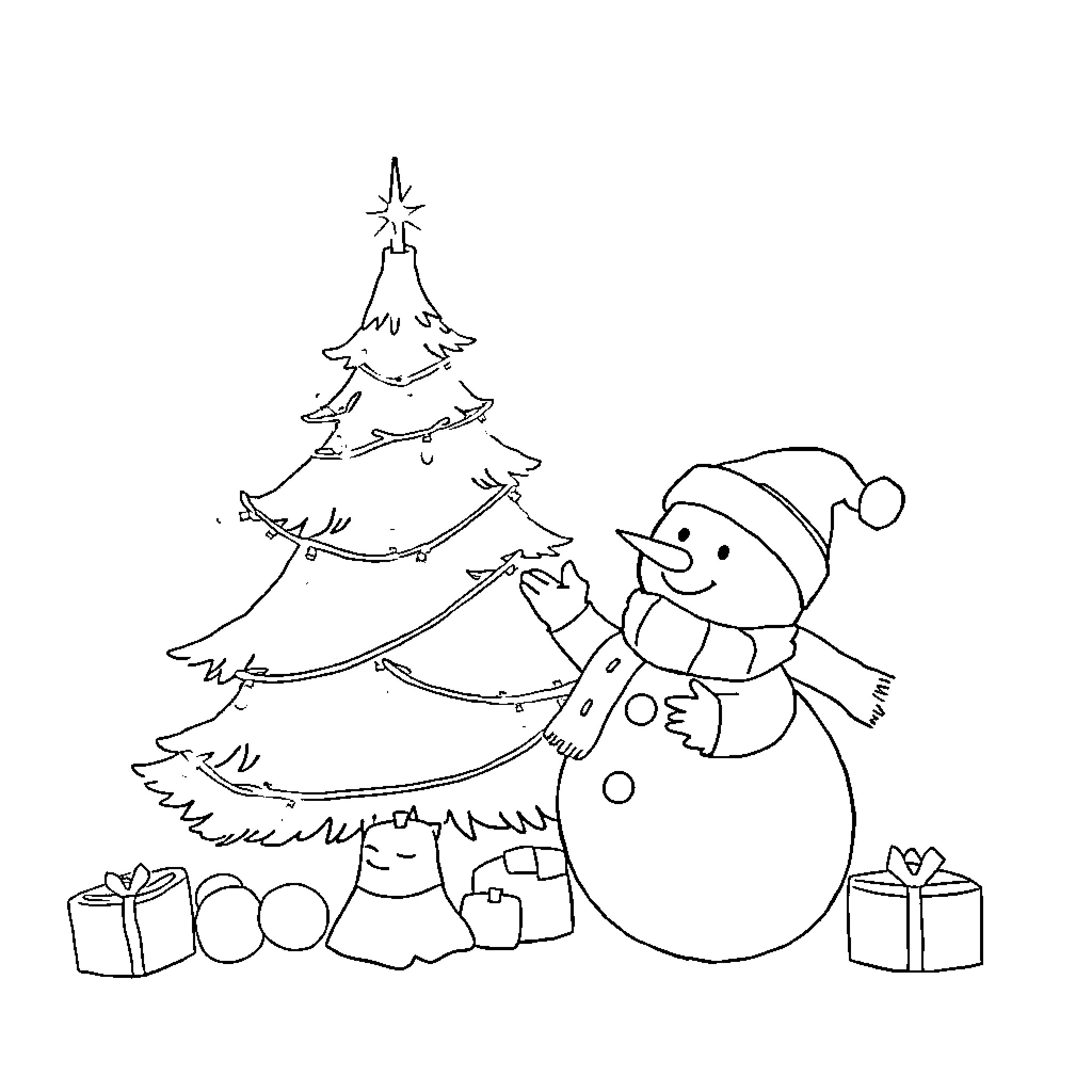 Tree and Snowman decorating Christmas tree together Coloring Page (free black-and-white line drawing printable PDF for all, from beginners to advanced learners, including children, teens, adults, and seniors)