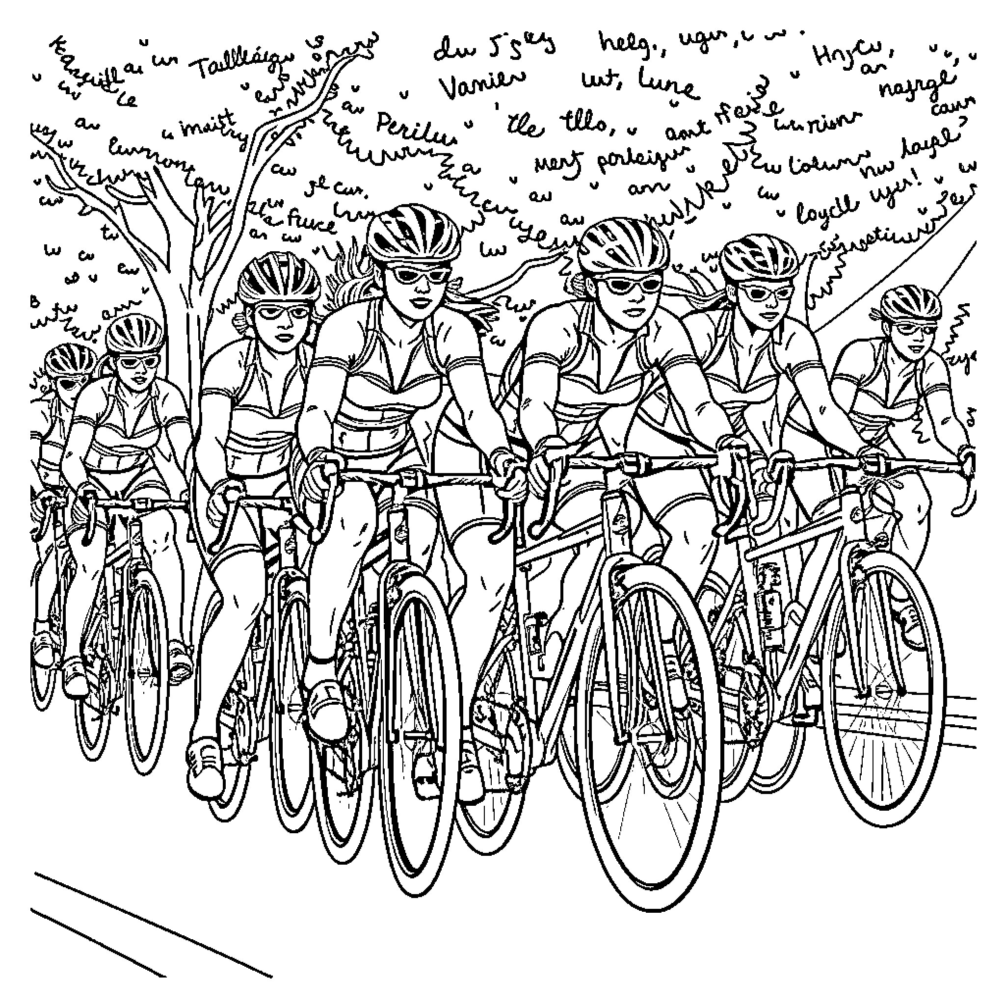 Cycling through a scenic route with a group of cyclists Coloring Page (free black-and-white line drawing printable PDF for all, from beginners to advanced learners, including children, teens, adults, and seniors)