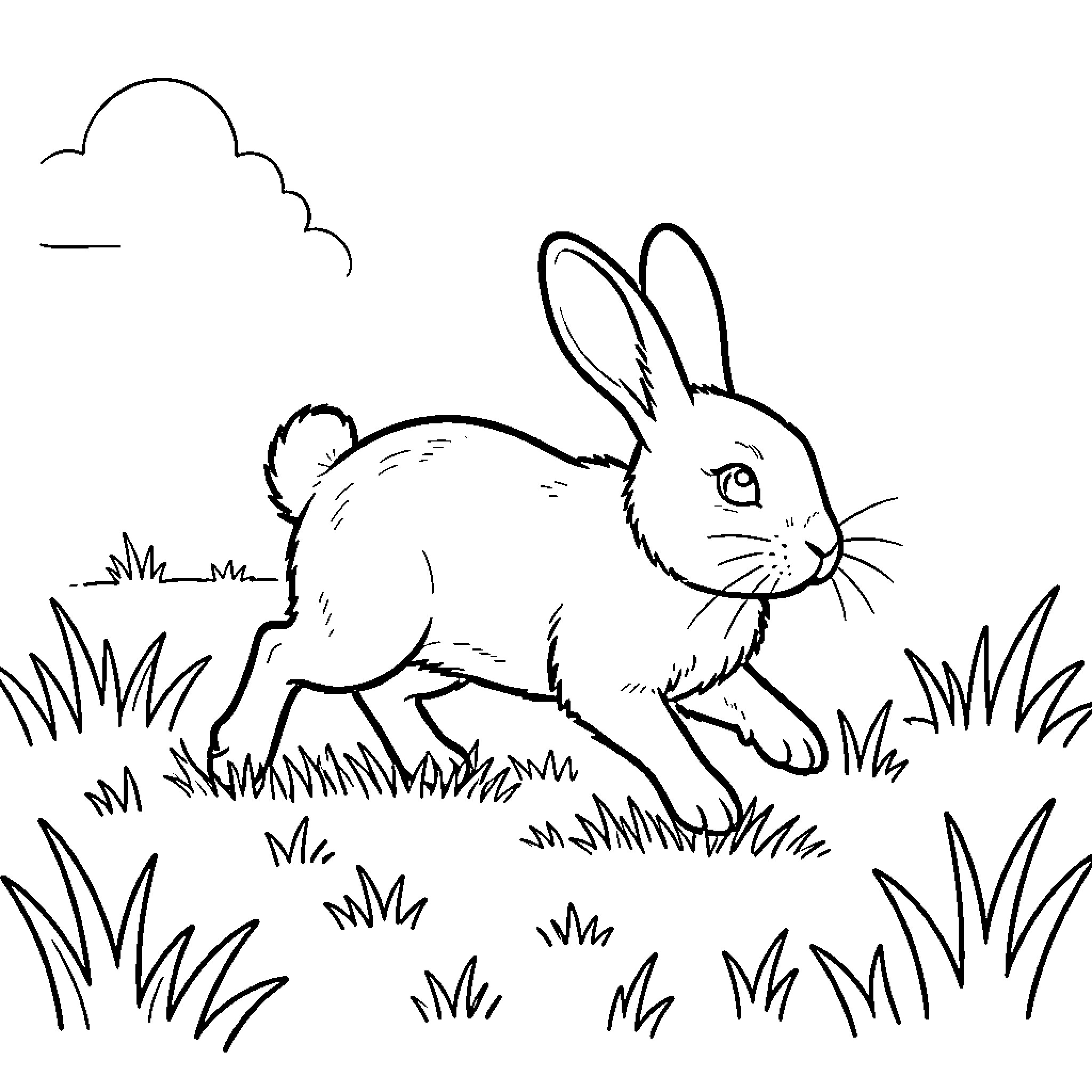 Rabbit hopping through the tall grass Coloring Page (free black-and-white line drawing printable PDF for all, from beginners to advanced learners, including children, teens, adults, and seniors)