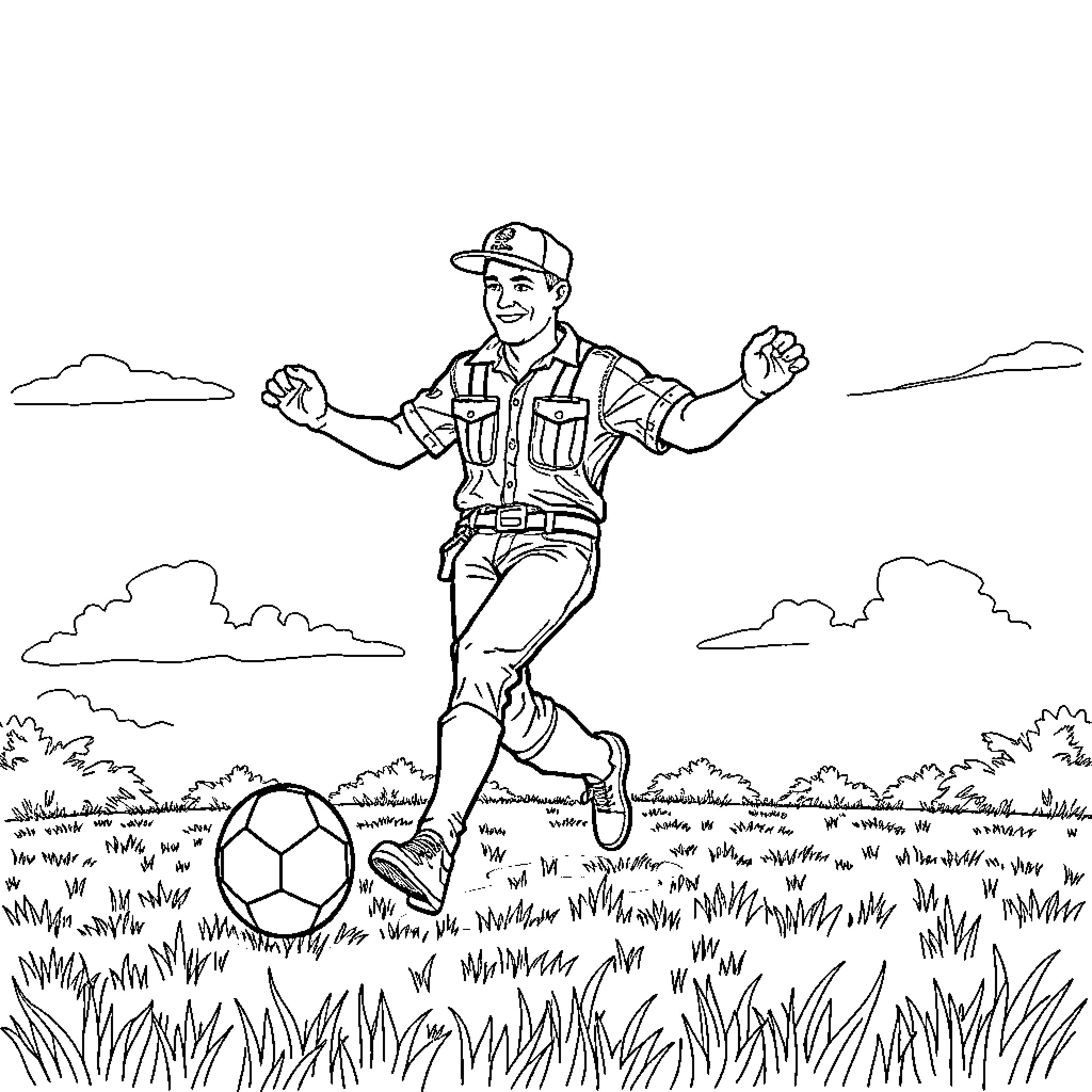 Carpenter playing soccer in the countryside Coloring Page (free black-and-white line drawing printable PDF for all, from beginners to advanced learners, including children, teens, adults, and seniors)