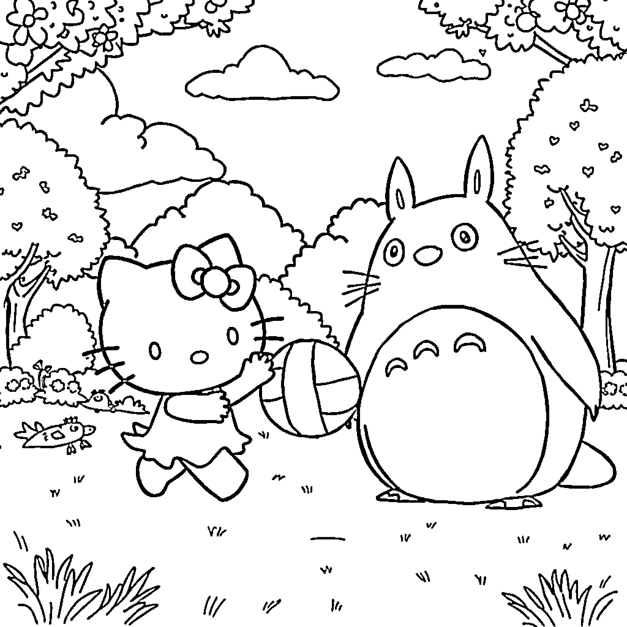 Hello Kitty Playing with Totoro in the Forest Coloring Page (free black-and-white line drawing printable PDF for all, from beginners to advanced learners, including children, teens, adults, and seniors)