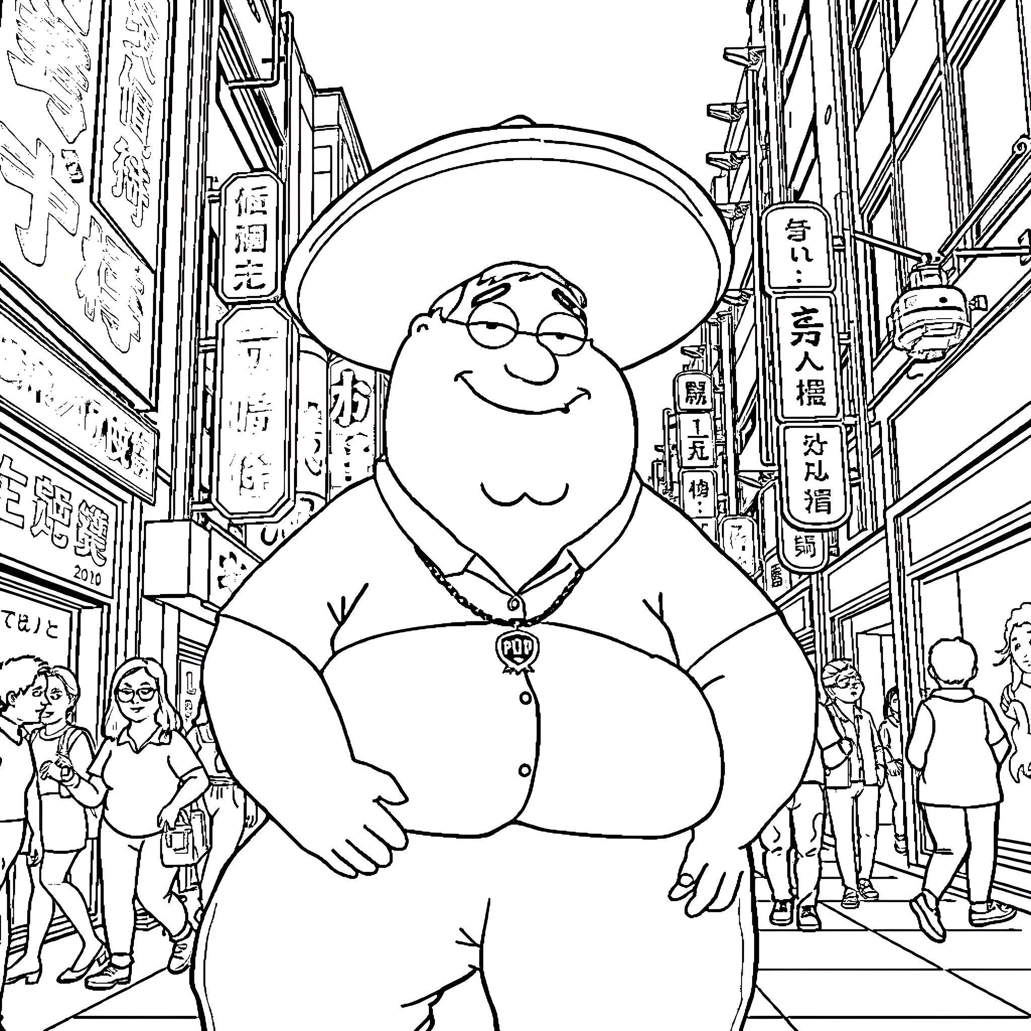 Peter Griffin enjoying a lively street scene Coloring Page (free black-and-white line drawing printable PDF for all, from beginners to advanced learners, including children, teens, adults, and seniors)
