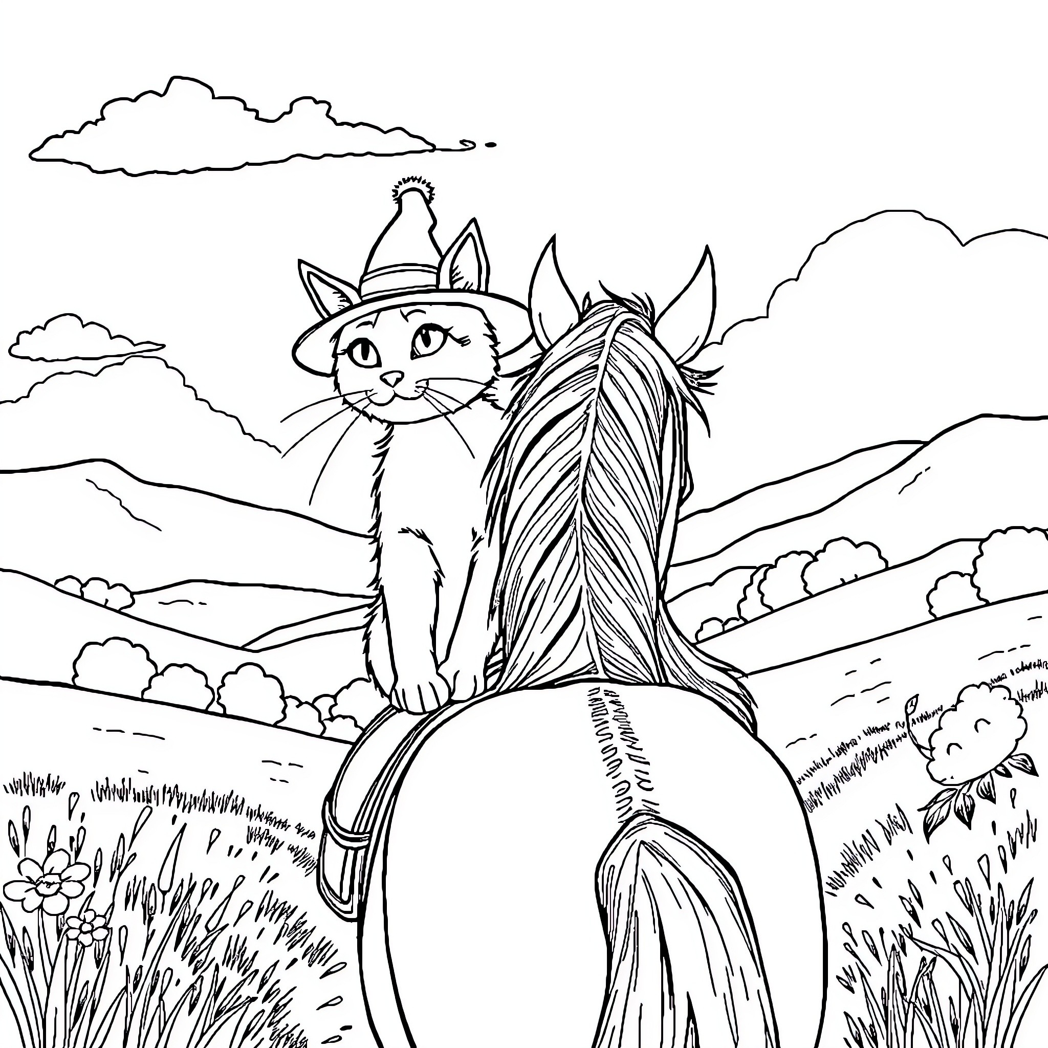 Cat in a cowboy hat exploring the countryside Coloring Page (free black-and-white line drawing printable PDF for all, from beginners to advanced learners, including children, teens, adults, and seniors)