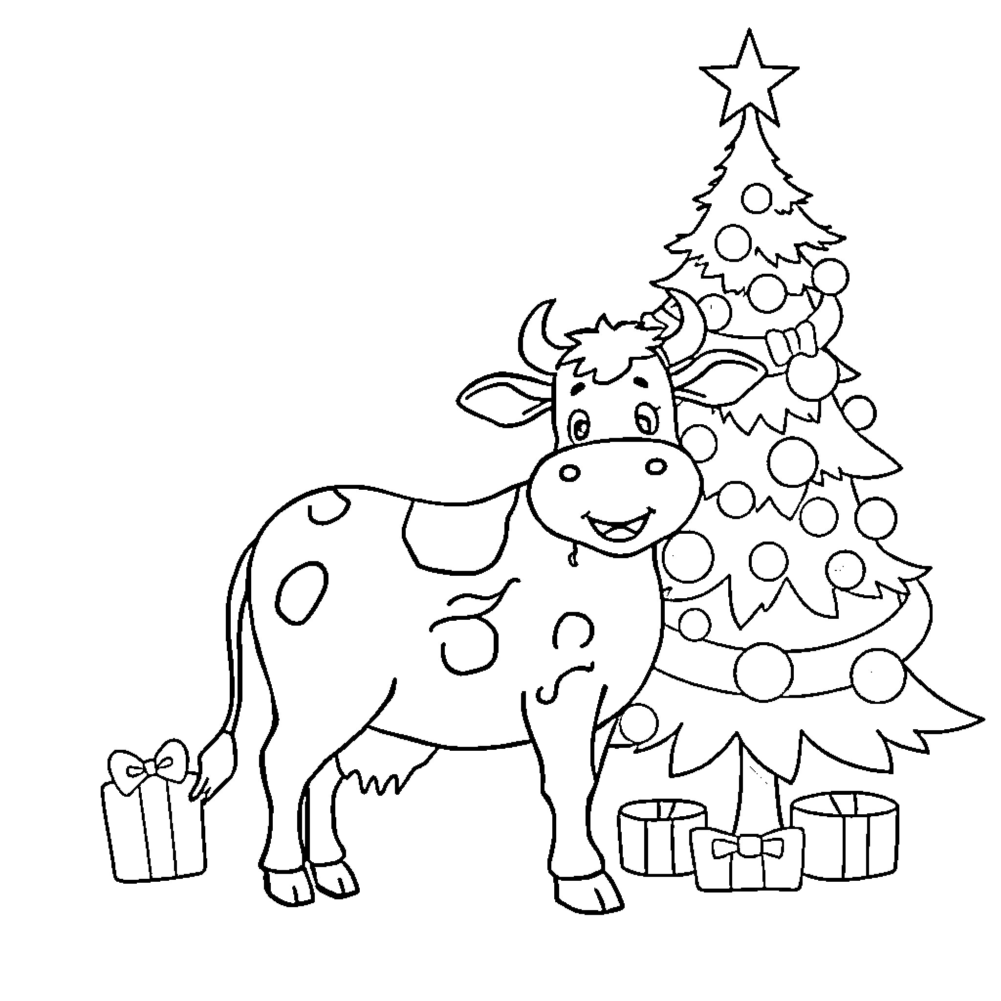 Cow celebrating Christmas with decorated tree Coloring Page (free black-and-white line drawing printable PDF for all, from beginners to advanced learners, including children, teens, adults, and seniors)