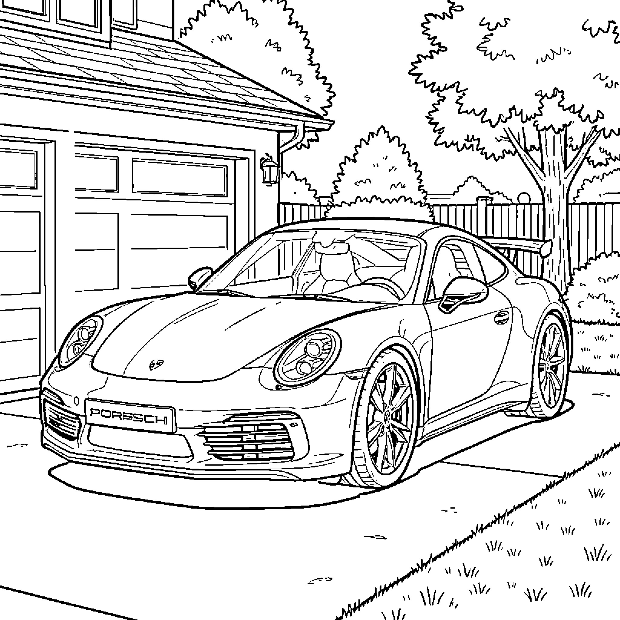 Porsche parked in a suburban driveway near a house Coloring Page (free black-and-white line drawing printable PDF for all, from beginners to advanced learners, including children, teens, adults, and seniors)