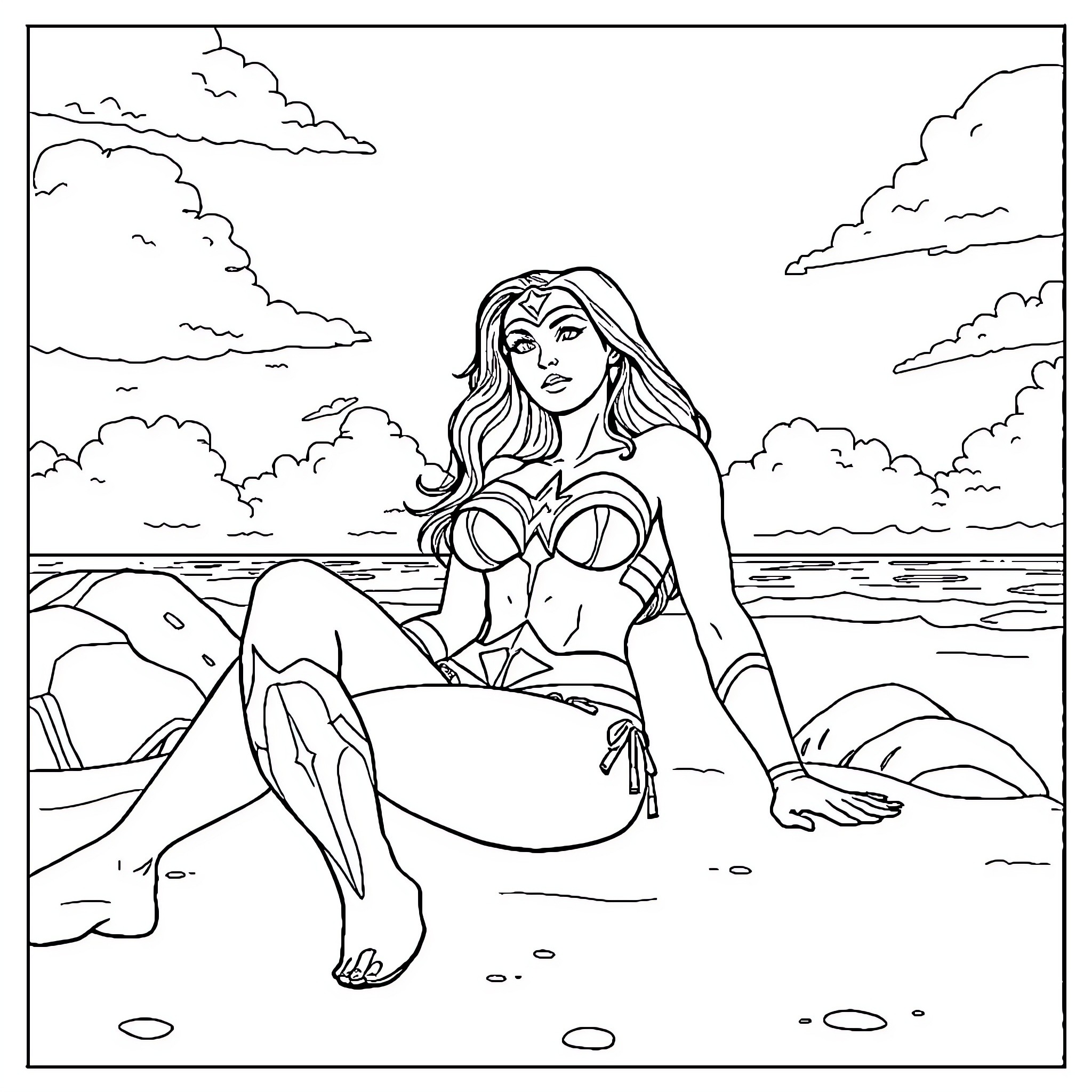 Wonder Woman Relaxing on the Beach Coloring Page (free black-and-white line drawing printable PDF for all, from beginners to advanced learners, including children, teens, adults, and seniors)