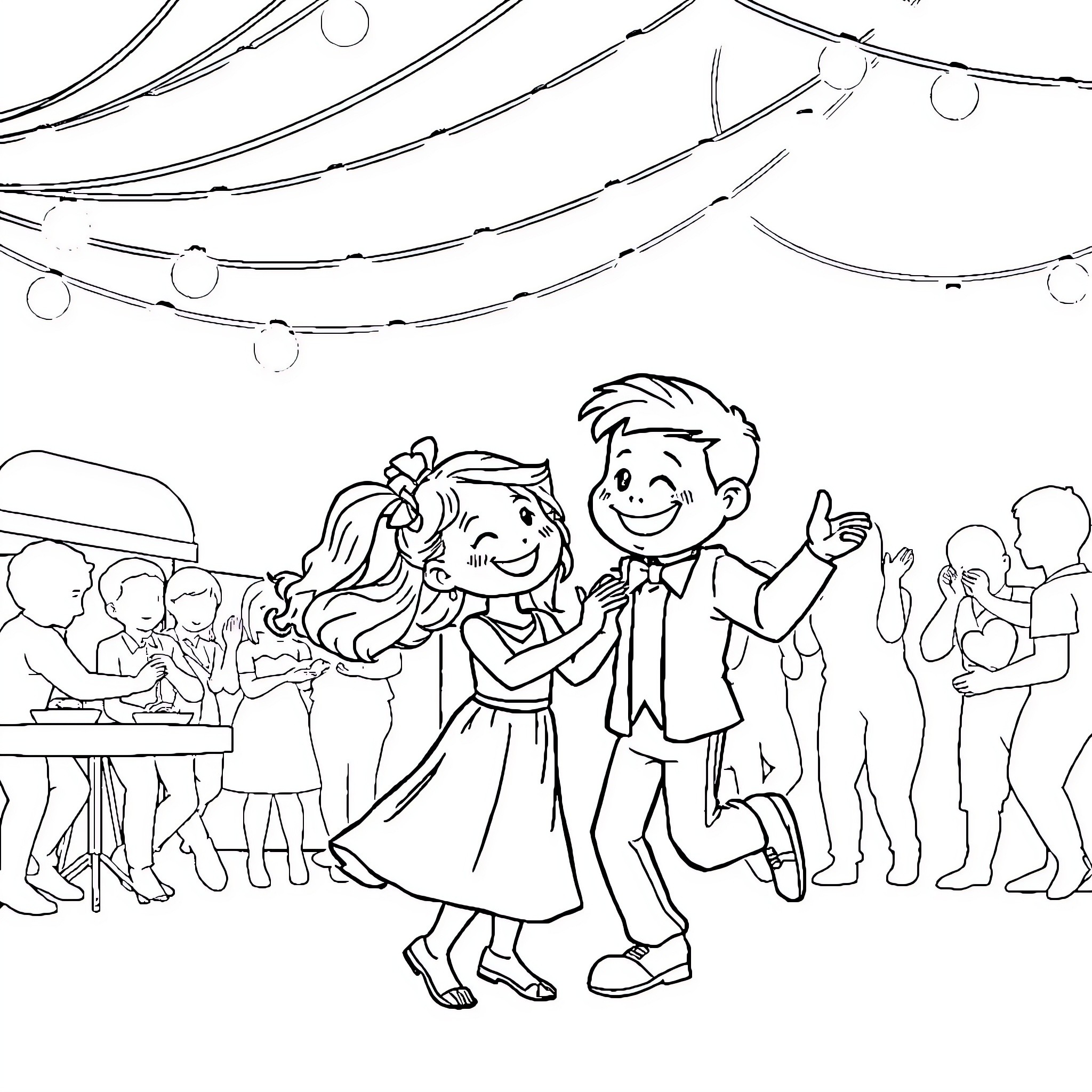 Labobo's Joyful Dance at the Party Coloring Page (free black-and-white line drawing printable PDF for all, from beginners to advanced learners, including children, teens, adults, and seniors)
