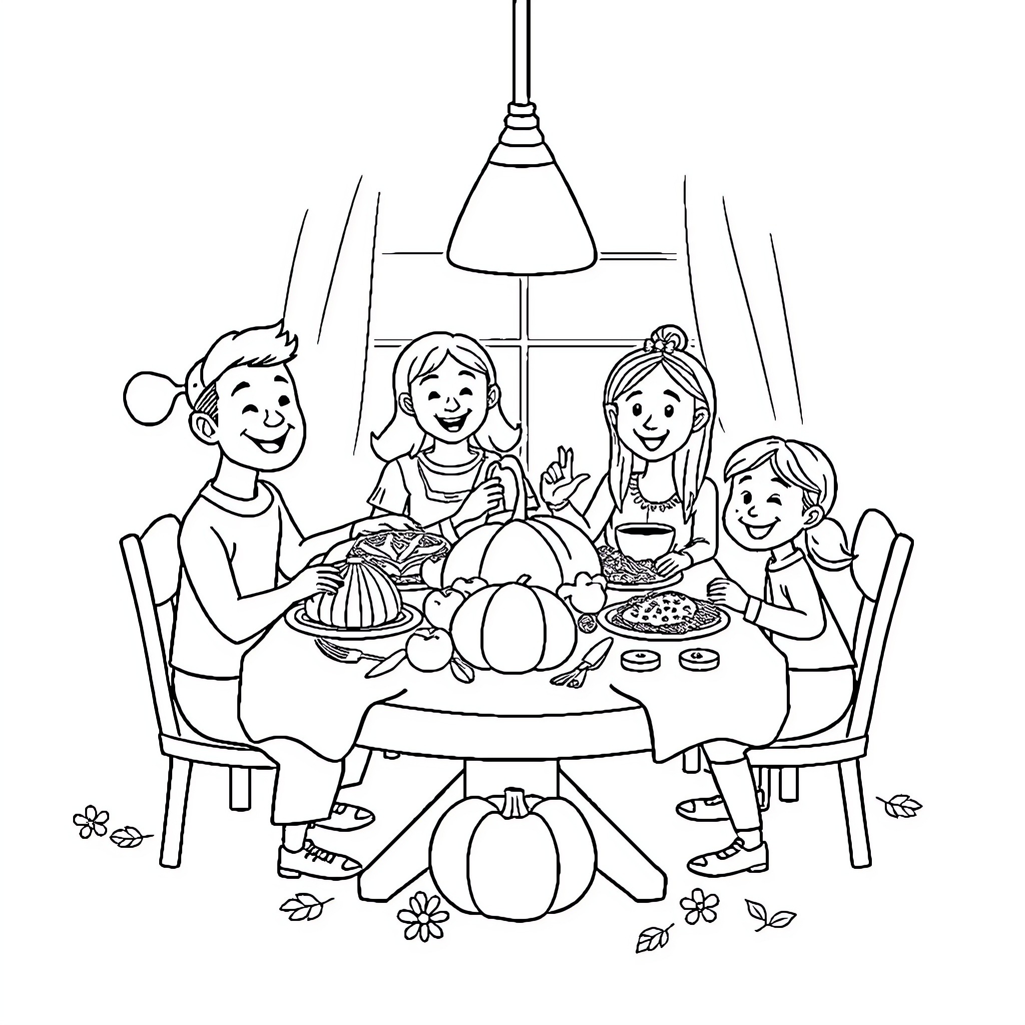 Thanksgiving family gathering around the table Coloring Page (free black-and-white line drawing printable PDF for all, from beginners to advanced learners, including children, teens, adults, and seniors)