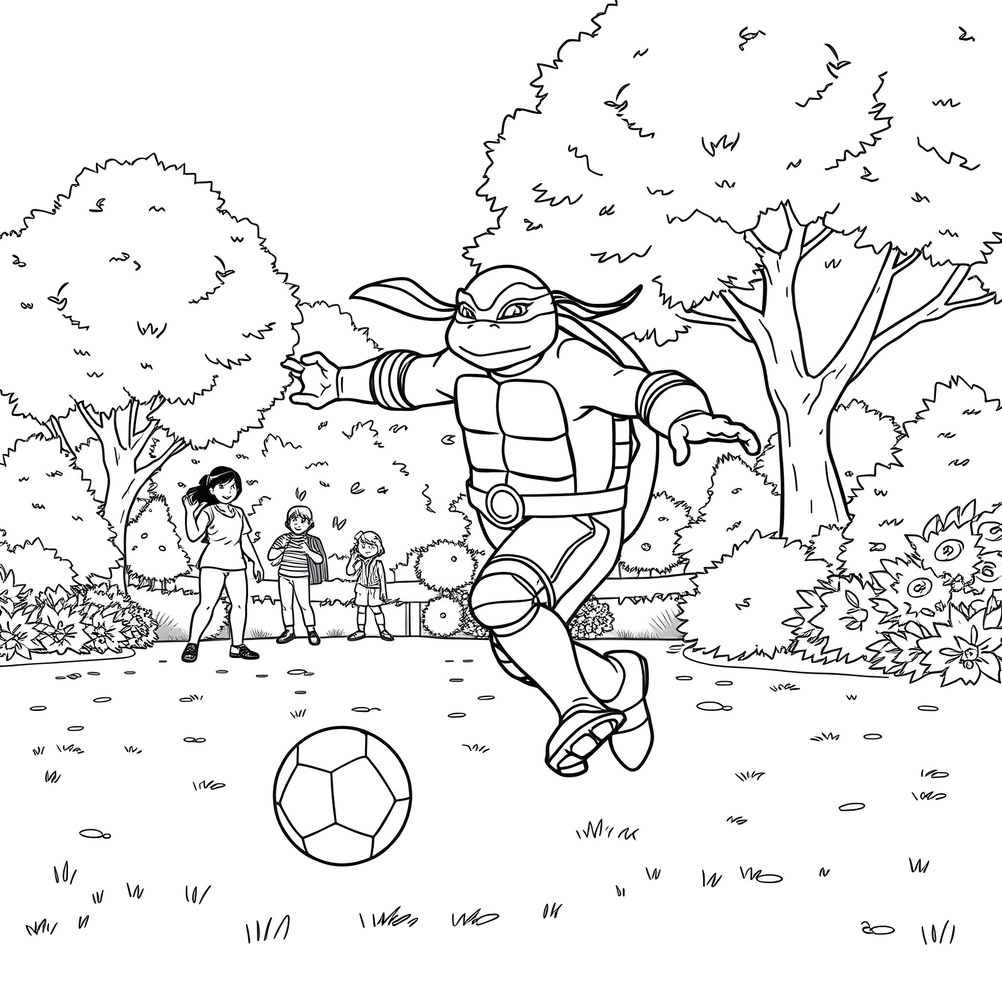 Leonardo playing soccer with his friends in the park Coloring Page (free black-and-white line drawing printable PDF for all, from beginners to advanced learners, including children, teens, adults, and seniors)