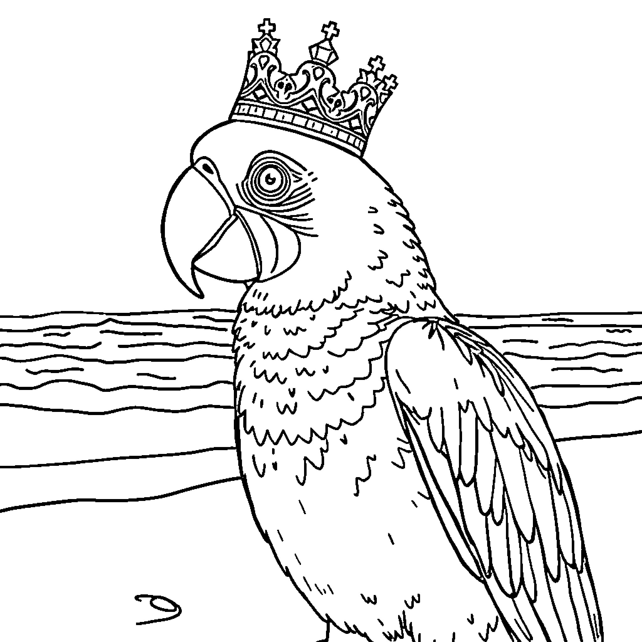 Parrot with a crown in the sea Coloring Page (free black-and-white line drawing printable PDF for all, from beginners to advanced learners, including children, teens, adults, and seniors)