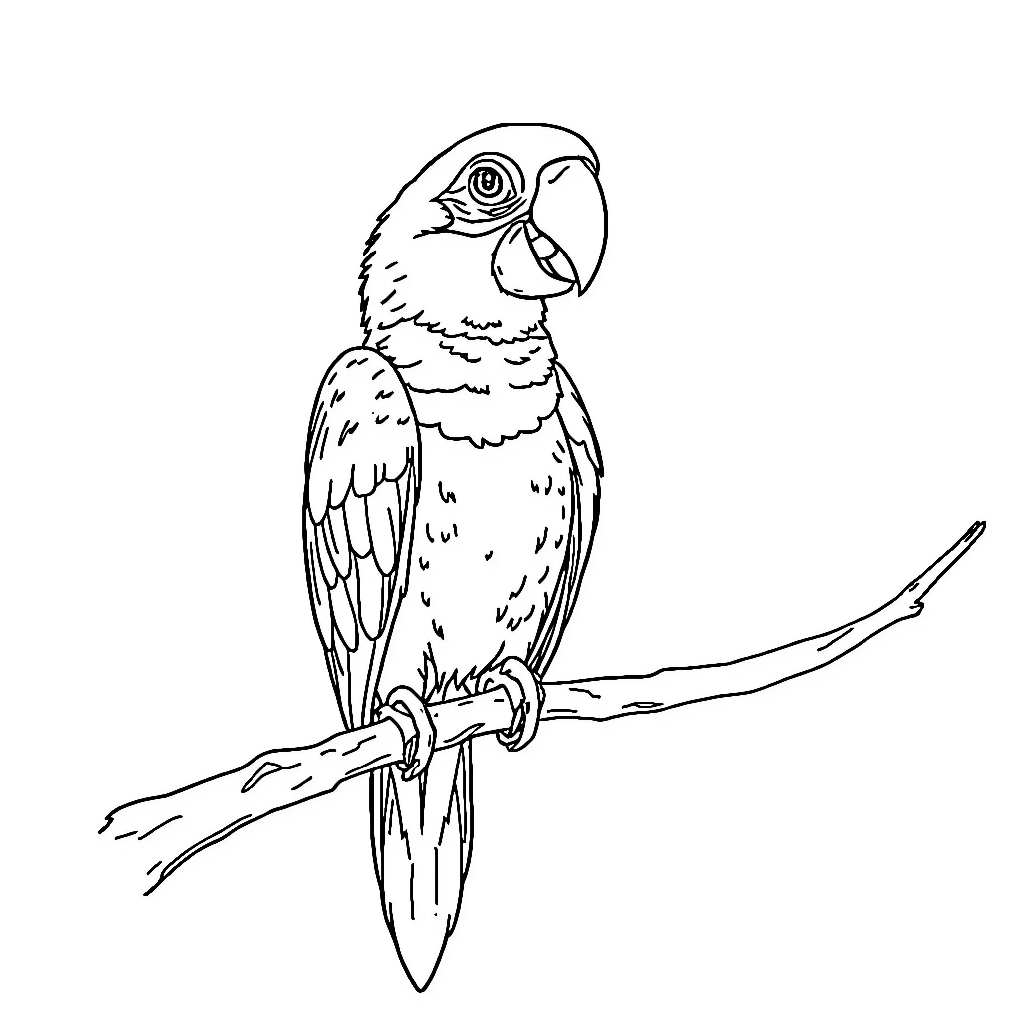 Parrot perched on a branch Coloring Page (free black-and-white line drawing printable PDF for all, from beginners to advanced learners, including children, teens, adults, and seniors)