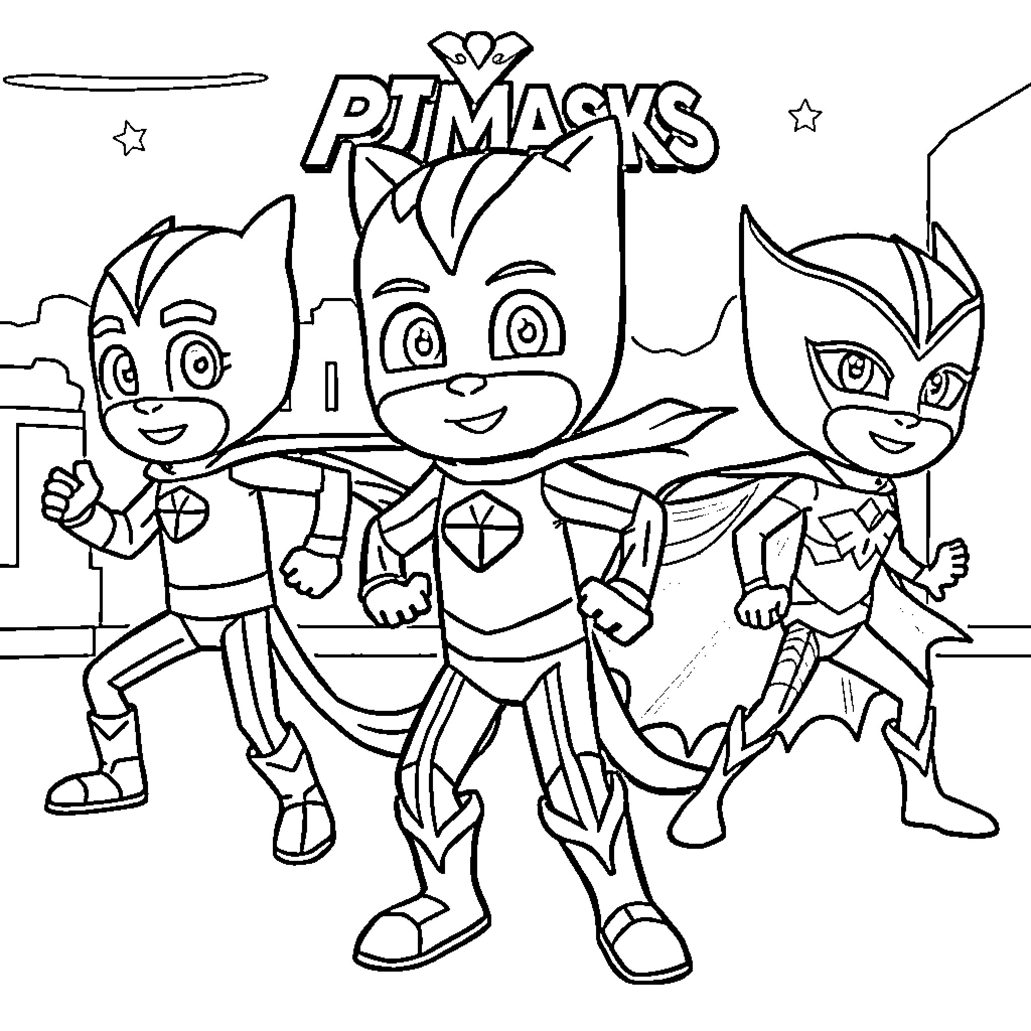 PJ Masks characters in superhero poses Coloring Page (free black-and-white line drawing printable PDF for all, from beginners to advanced learners, including children, teens, adults, and seniors)