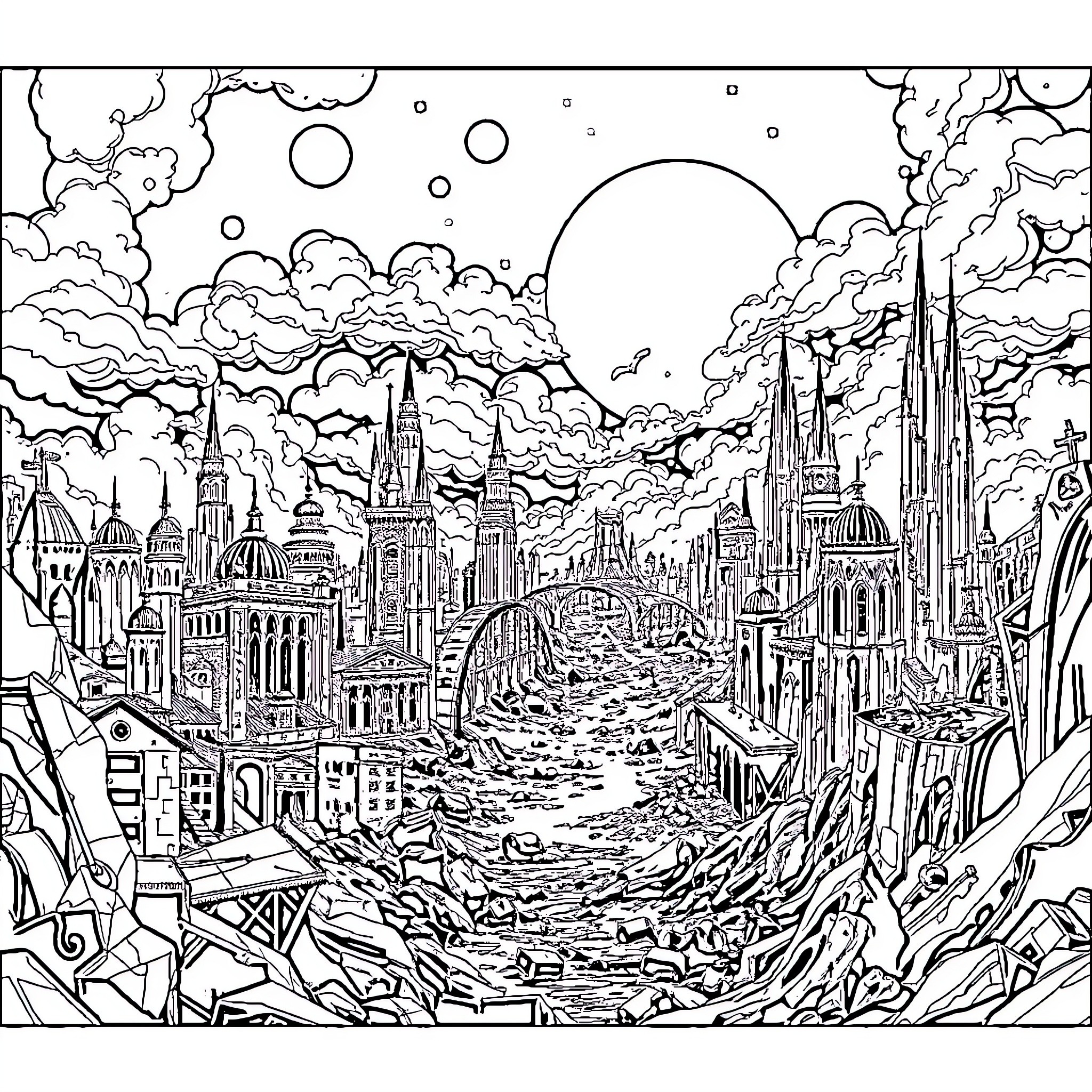 Fallout: Ruins of a Futuristic Metropolis Coloring Page (free black-and-white line drawing printable PDF for all, from beginners to advanced learners, including children, teens, adults, and seniors)