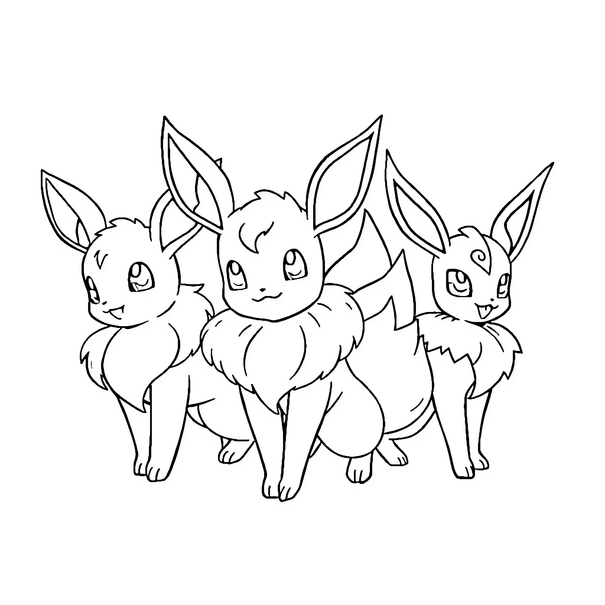 Eevee trio in playful poses Coloring Page (free black-and-white line drawing printable PDF for all, from beginners to advanced learners, including children, teens, adults, and seniors)