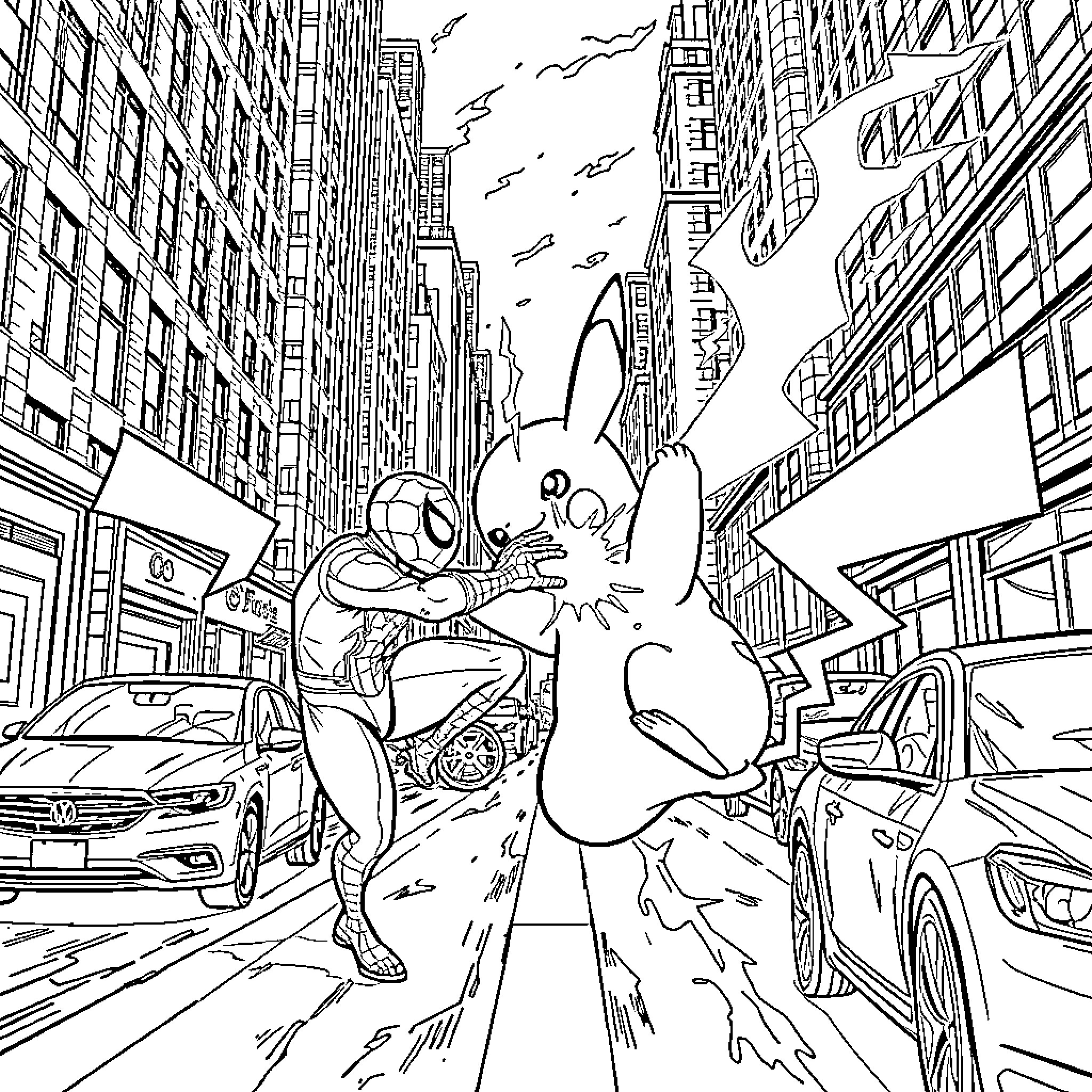 Pikachu running through the city streets Coloring Page (free black-and-white line drawing printable PDF for all, from beginners to advanced learners, including children, teens, adults, and seniors)