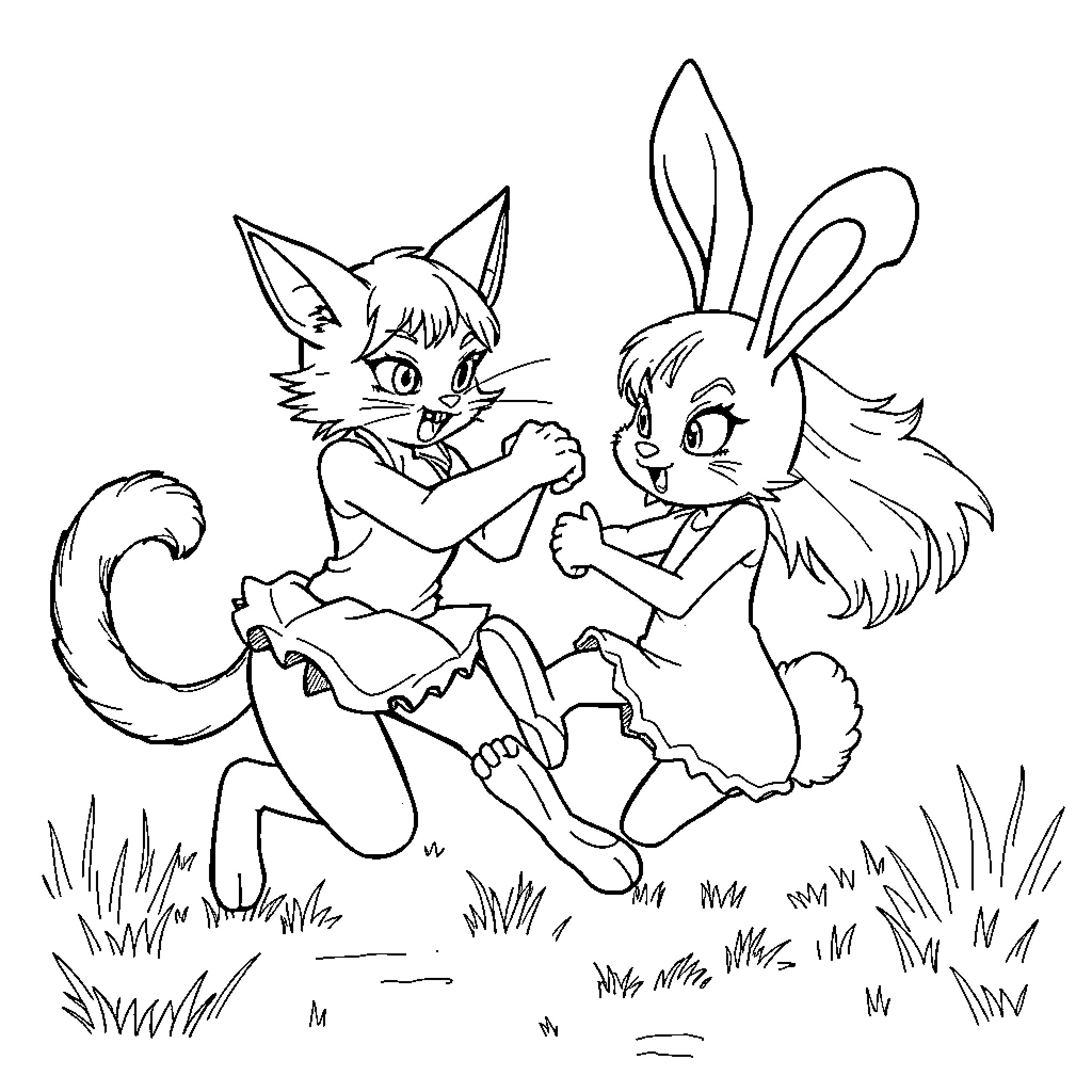 Catgirl and Bunny Girl Playfully Frolicking in the Meadow Coloring Page (free black-and-white line drawing printable PDF for all, from beginners to advanced learners, including children, teens, adults, and seniors)