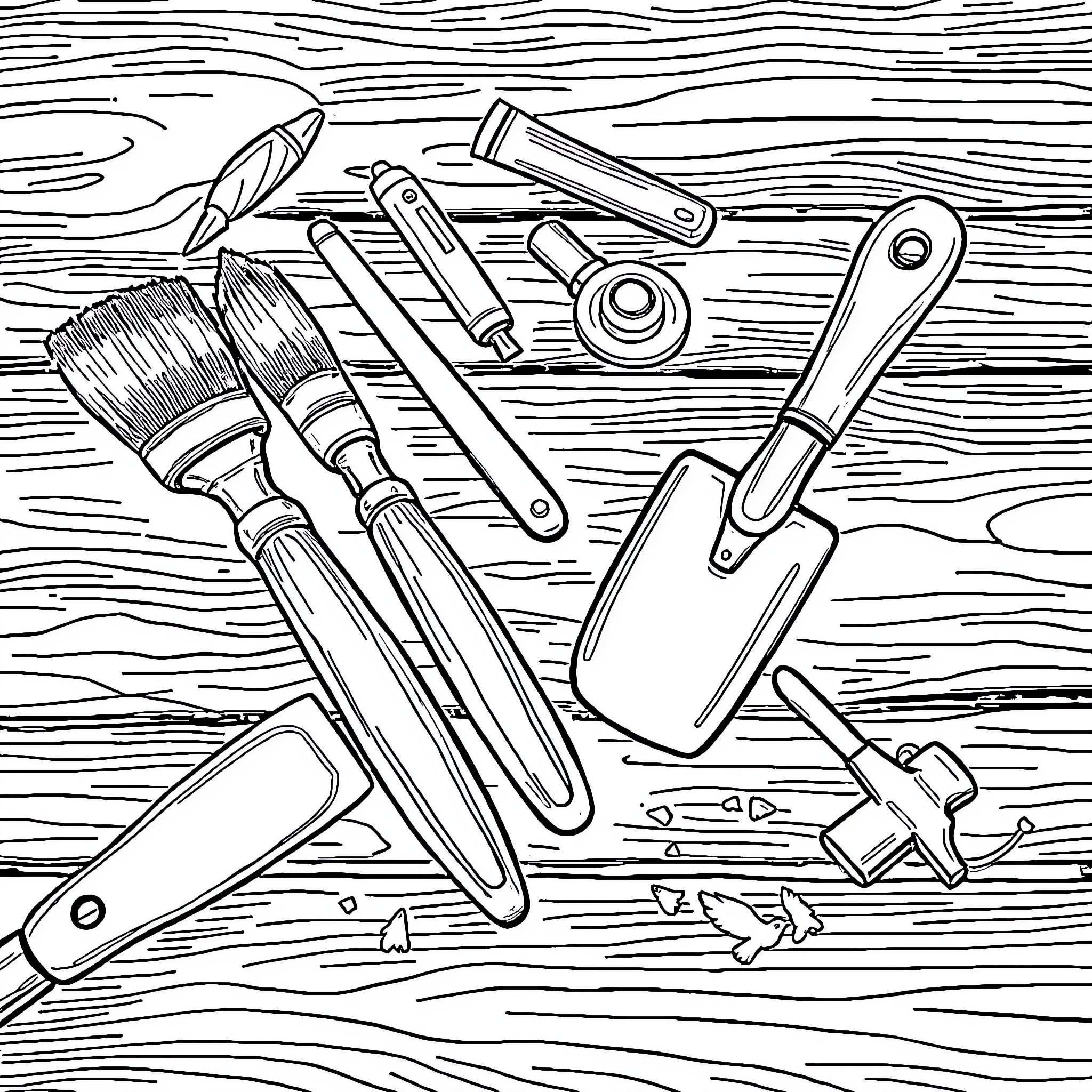 Archeology Tools on Wooden Surface Coloring Page (free black-and-white line drawing printable PDF for all, from beginners to advanced learners, including children, teens, adults, and seniors)