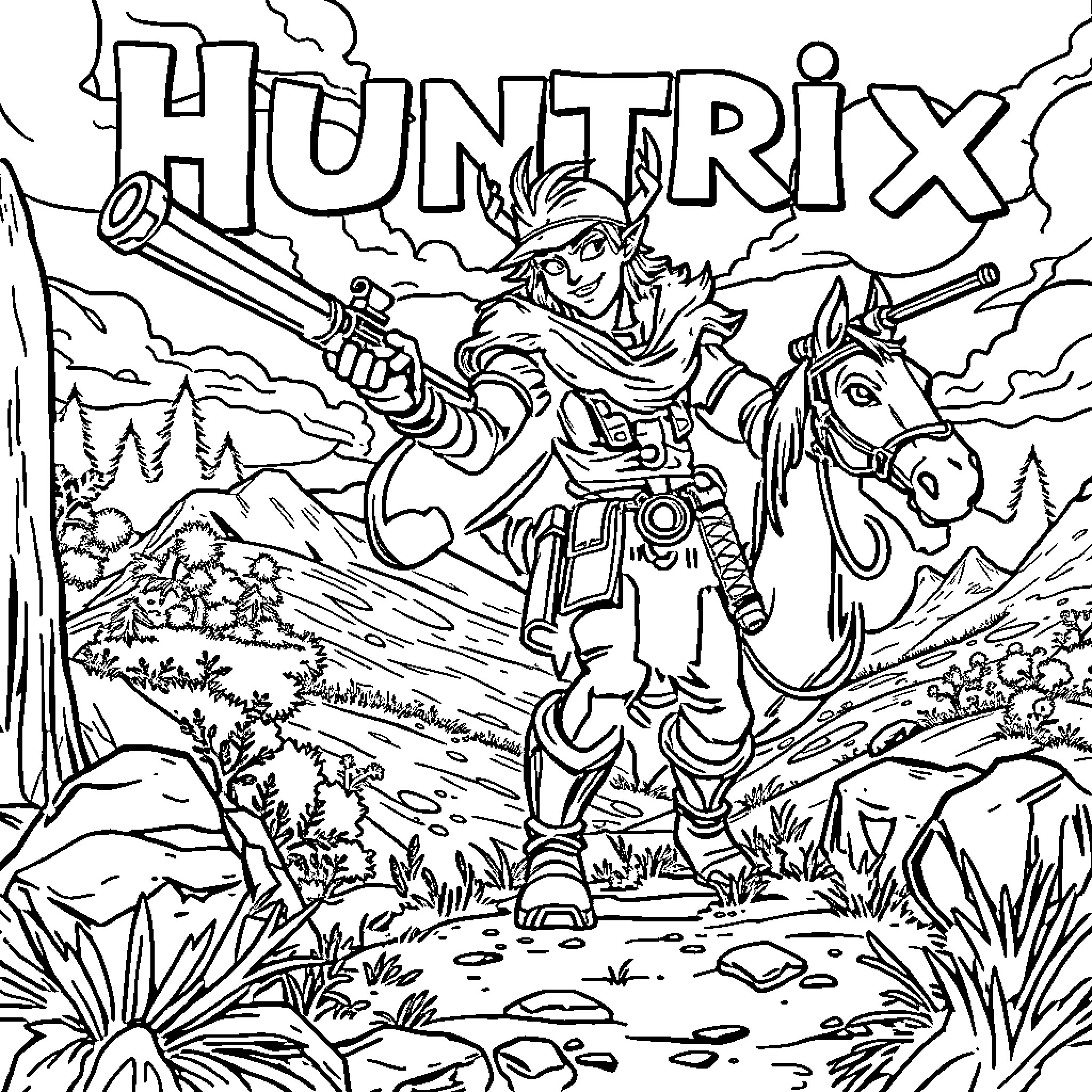 Huntrix: Adventurer Explores the Wilderness Coloring Page (free black-and-white line drawing printable PDF for all, from beginners to advanced learners, including children, teens, adults, and seniors)