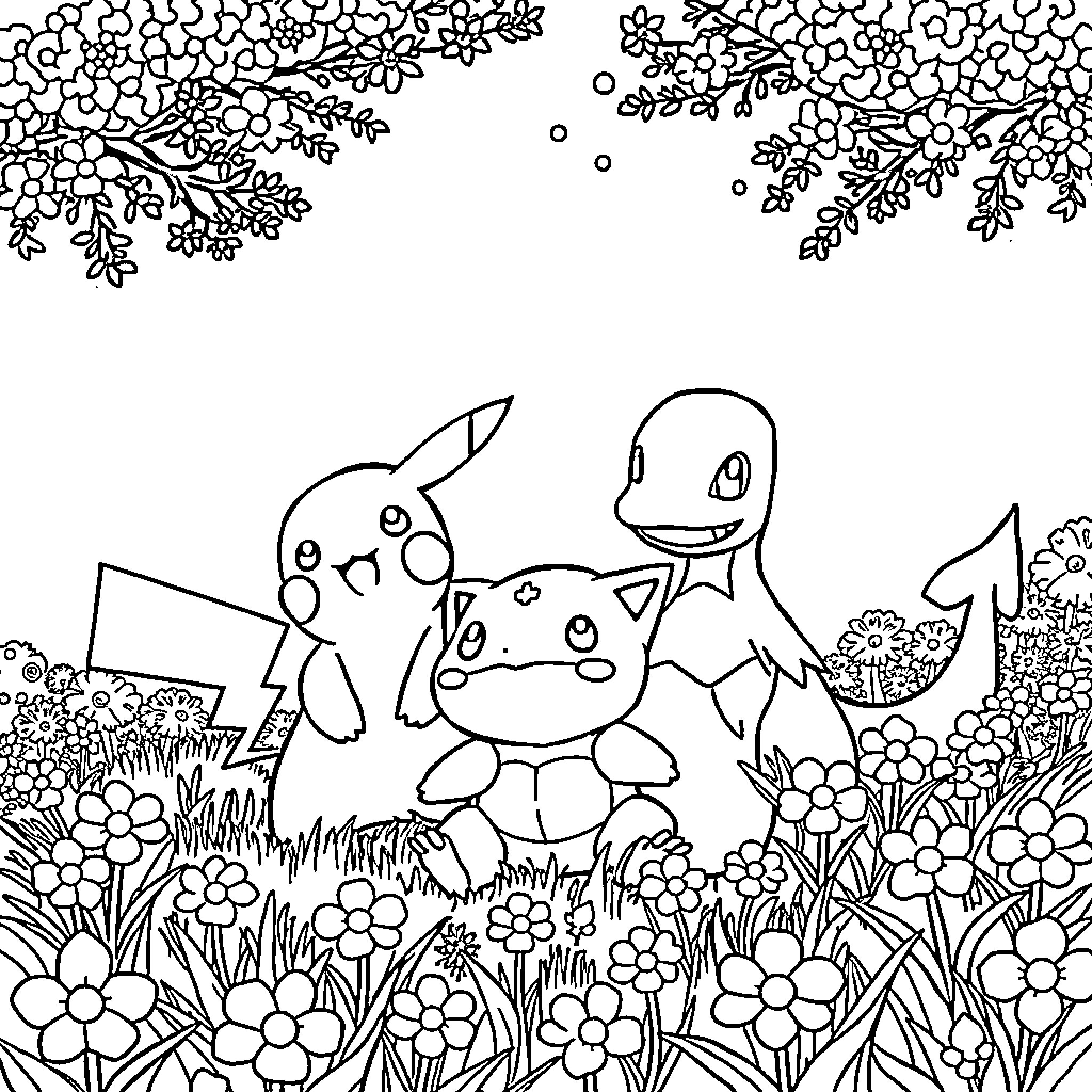 Pikachu and friends in a floral garden Coloring Page (free black-and-white line drawing printable PDF for all, from beginners to advanced learners, including children, teens, adults, and seniors)