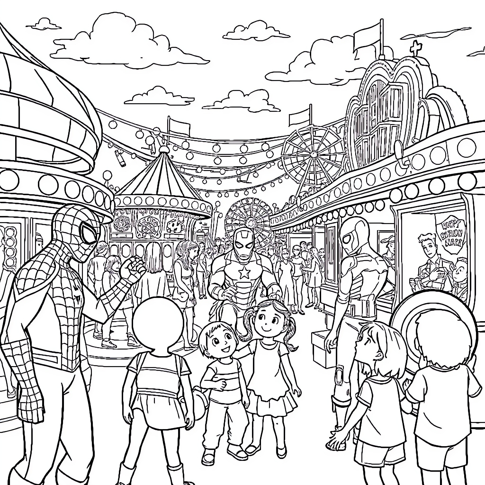 Marvel Characters at a Lively Carnival Coloring Page (free black-and-white line drawing printable PDF for all, from beginners to advanced learners, including children, teens, adults, and seniors)