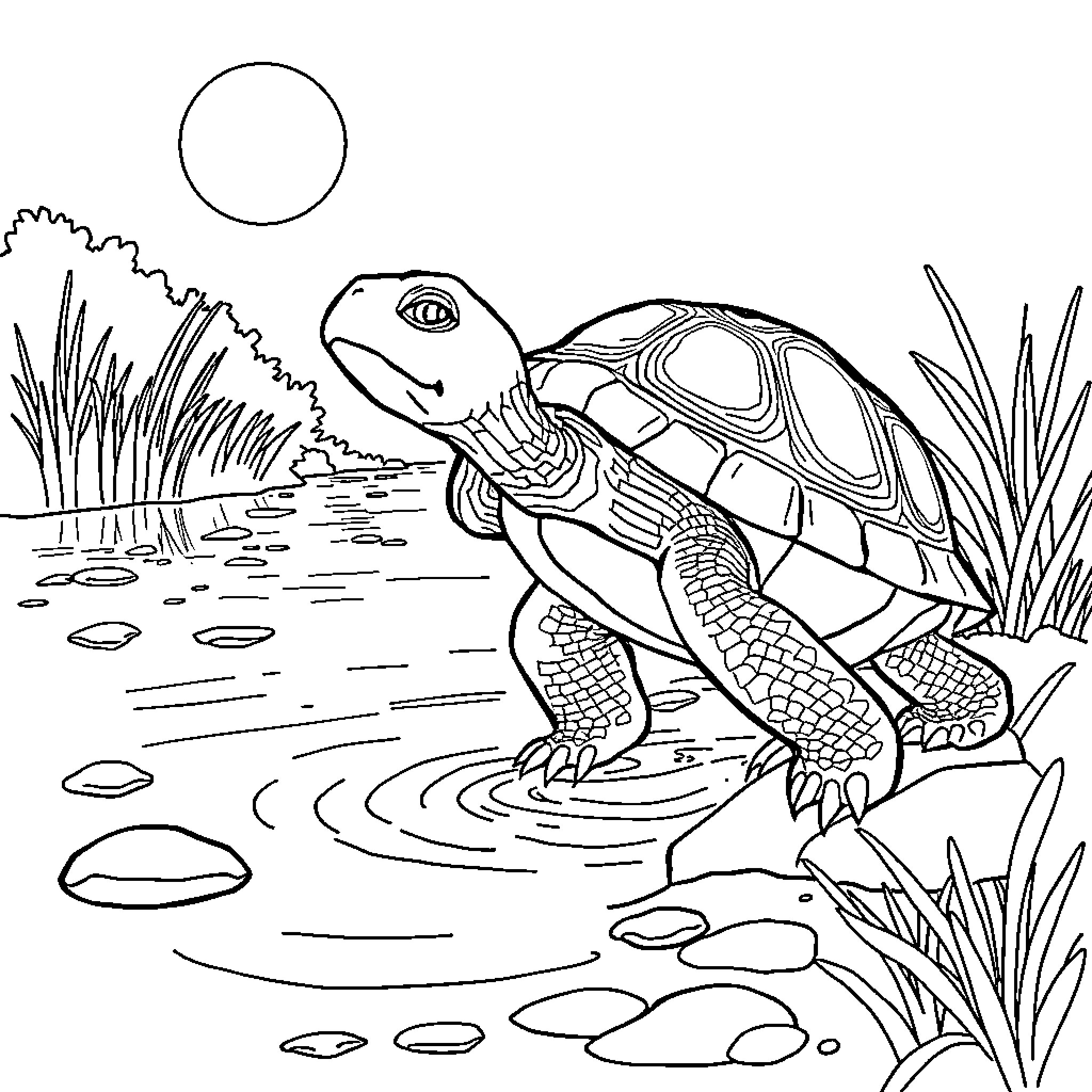 Turtle enjoying a peaceful pond Coloring Page (free black-and-white line drawing printable PDF for all, from beginners to advanced learners, including children, teens, adults, and seniors)
