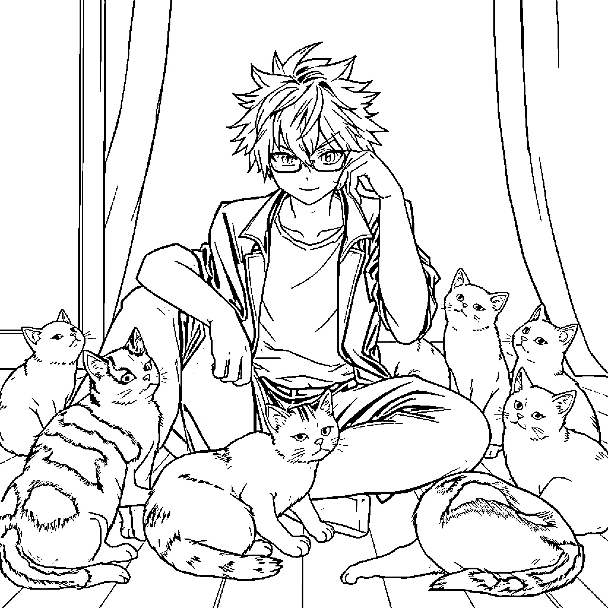 Shoto Todoroki interacts with a group of cats Coloring Page (free black-and-white line drawing printable PDF for all, from beginners to advanced learners, including children, teens, adults, and seniors)