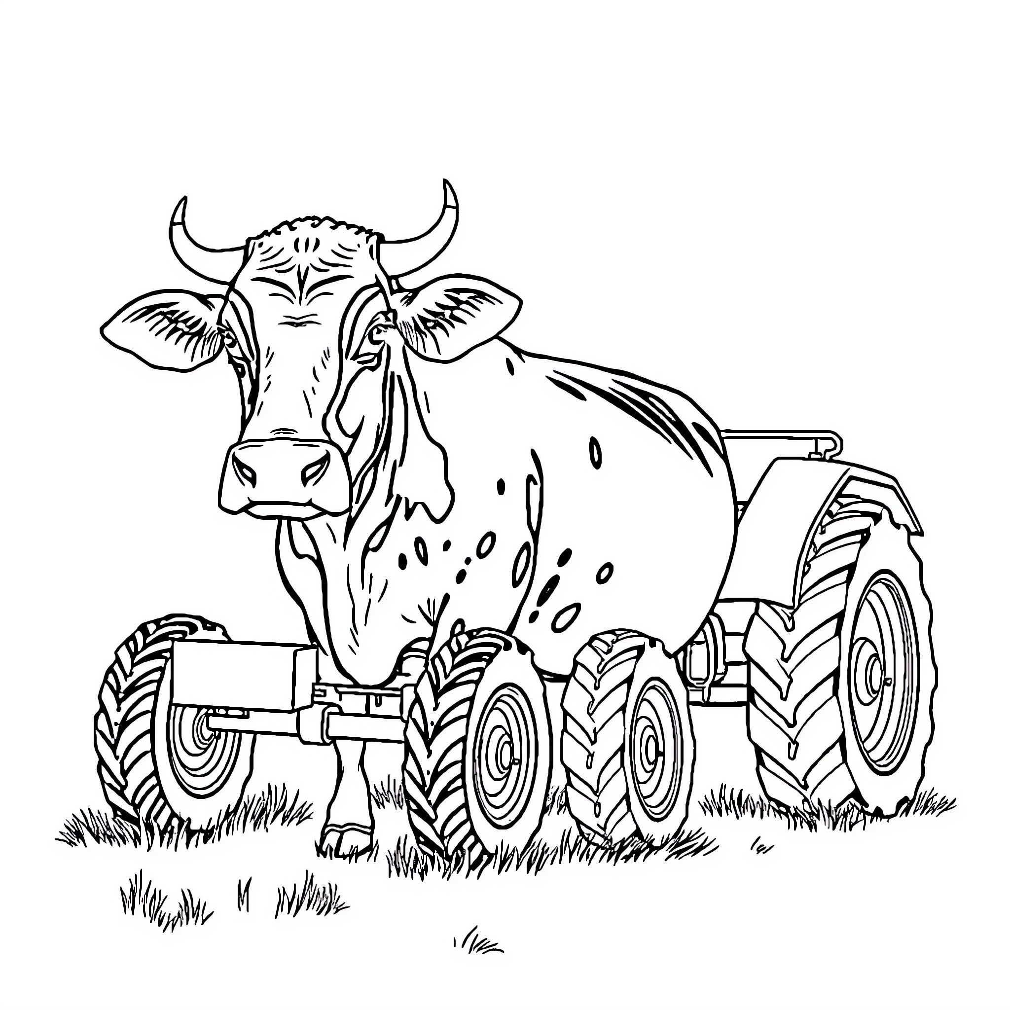 Vache working on the farm with tractor Coloring Page (free black-and-white line drawing printable PDF for all, from beginners to advanced learners, including children, teens, adults, and seniors)