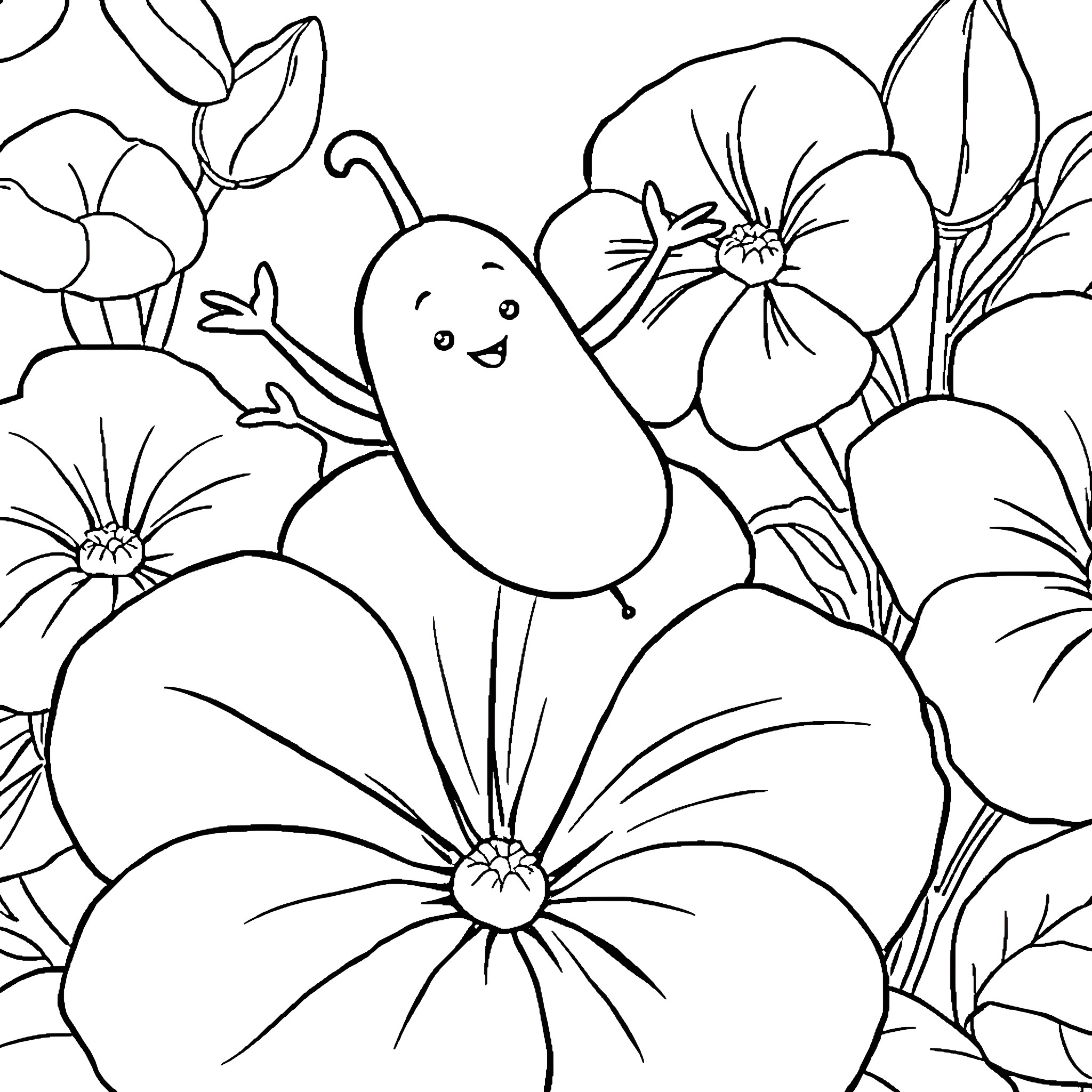 Butter Bean smiling among colorful flowers Coloring Page (free black-and-white line drawing printable PDF for all, from beginners to advanced learners, including children, teens, adults, and seniors)