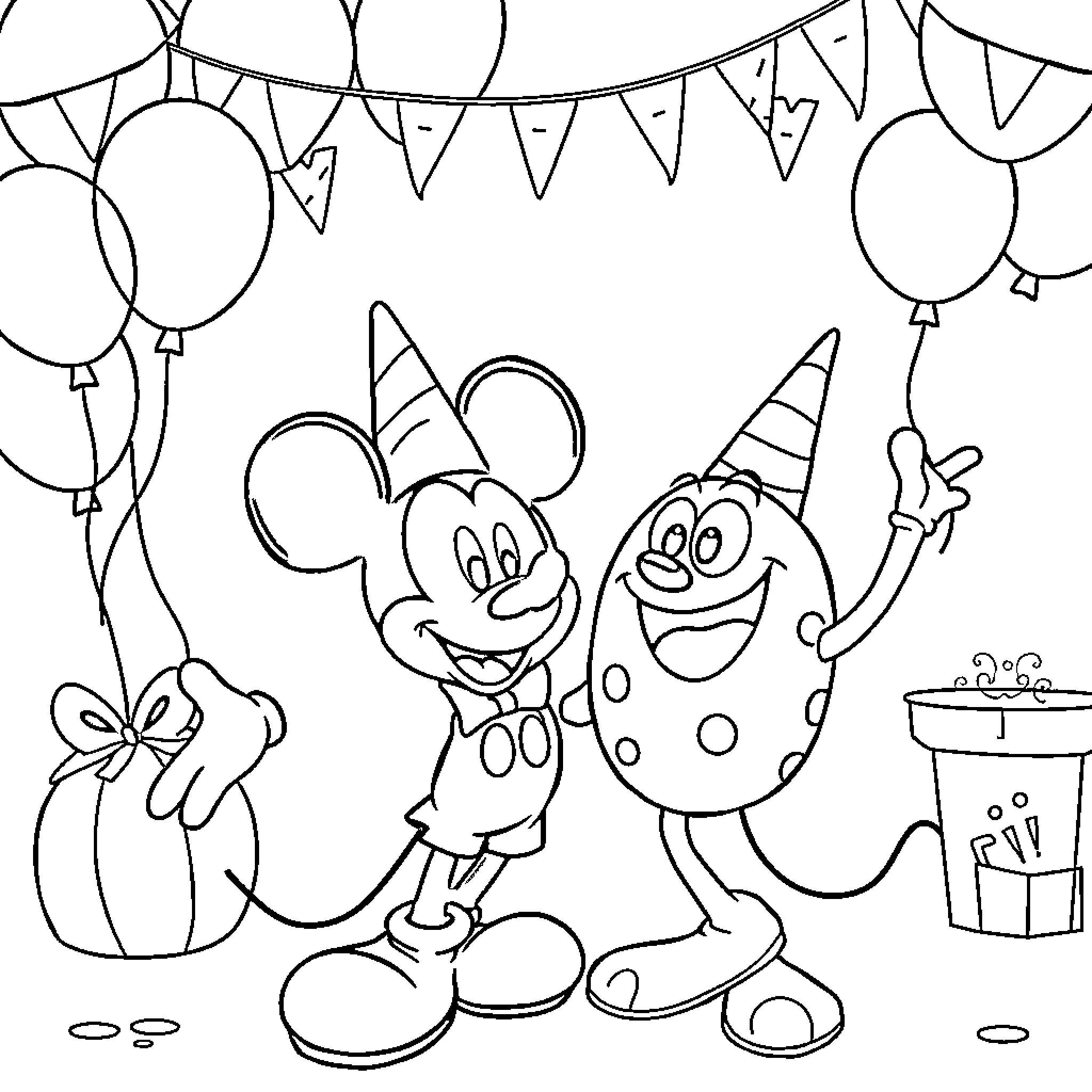 Mickey Mouse celebrates with party balloons Coloring Page (free black-and-white line drawing printable PDF for all, from beginners to advanced learners, including children, teens, adults, and seniors)