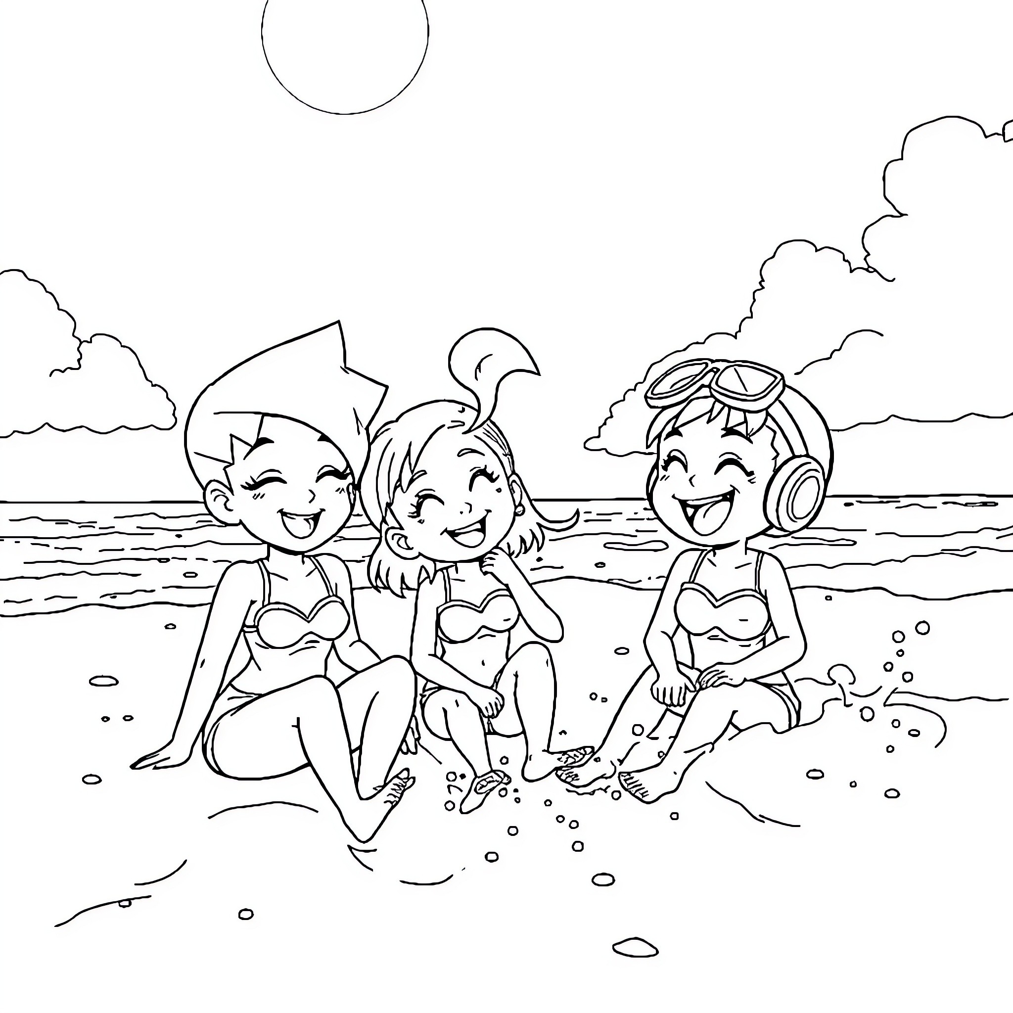 Bulma and friends enjoy a sunny beach day Coloring Page (free black-and-white line drawing printable PDF for all, from beginners to advanced learners, including children, teens, adults, and seniors)