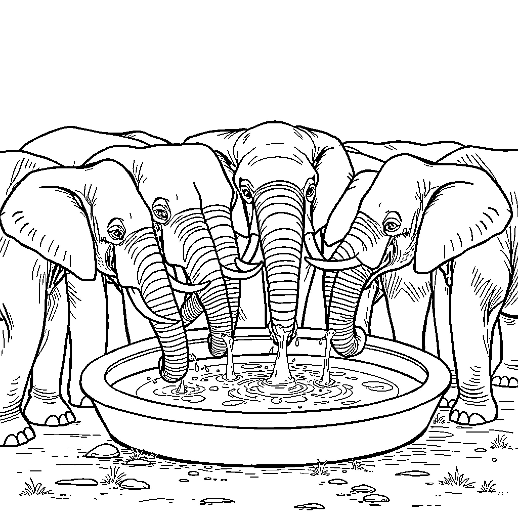 Elephant Family Bathing in Watering Hole Coloring Page (free black-and-white line drawing printable PDF for all, from beginners to advanced learners, including children, teens, adults, and seniors)