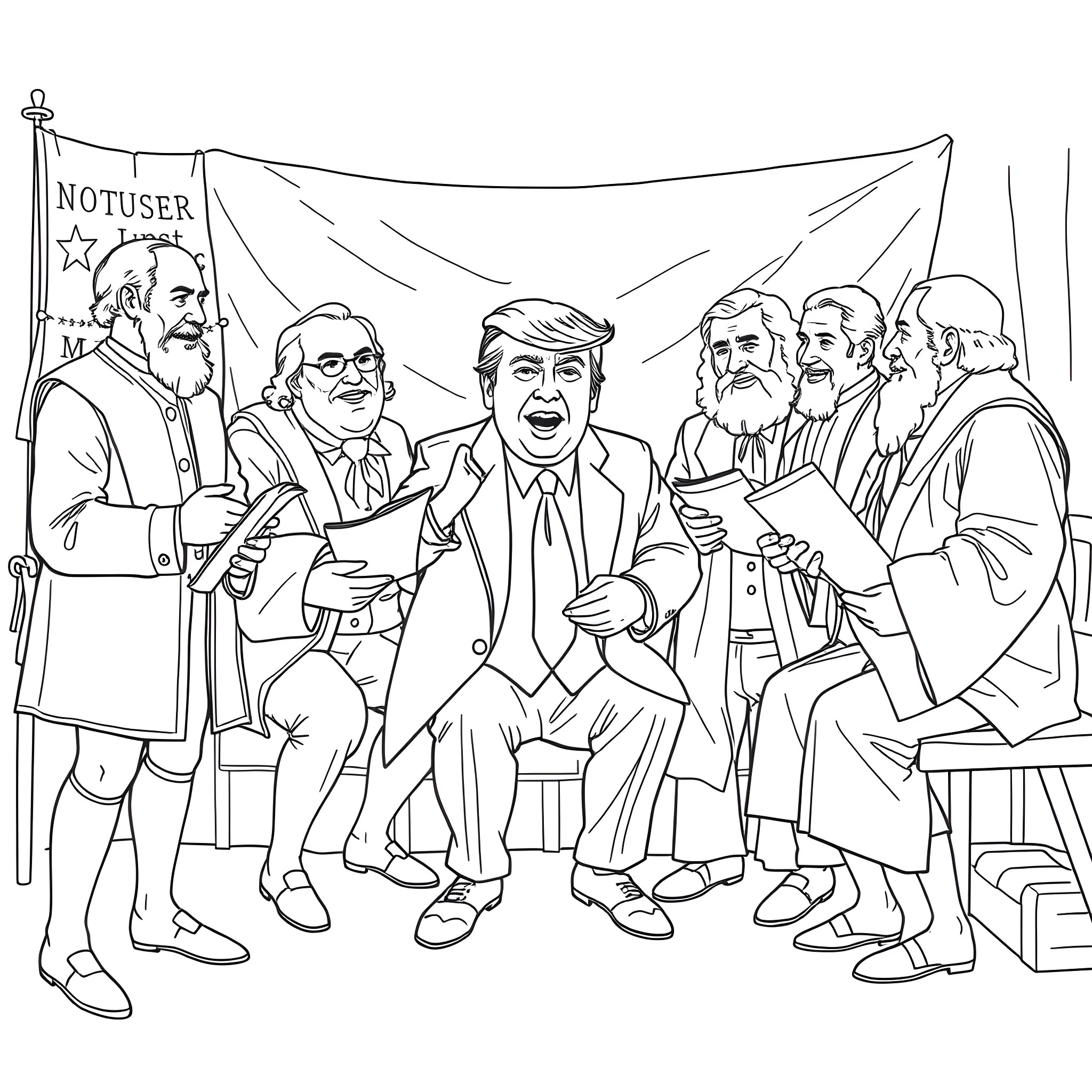 Donald Trump surrounded by his associates at a political event Coloring Page (free black-and-white line drawing printable PDF for all, from beginners to advanced learners, including children, teens, adults, and seniors)