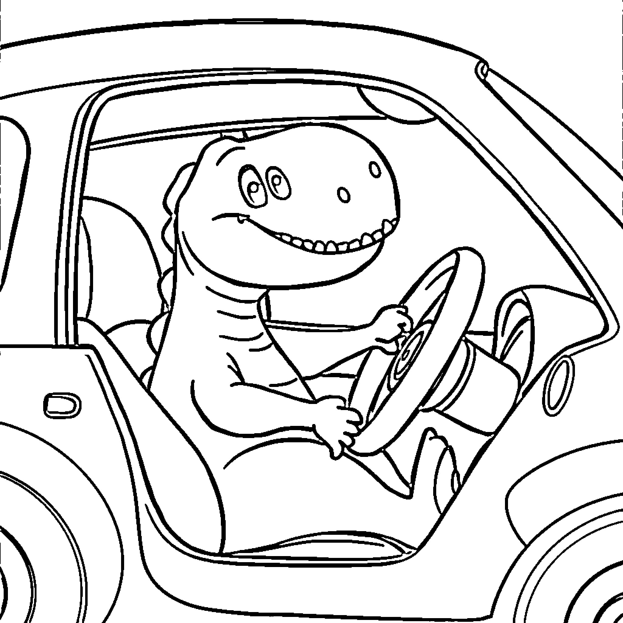 Dinosaur driving a car happily Coloring Page (free black-and-white line drawing printable PDF for all, from beginners to advanced learners, including children, teens, adults, and seniors)