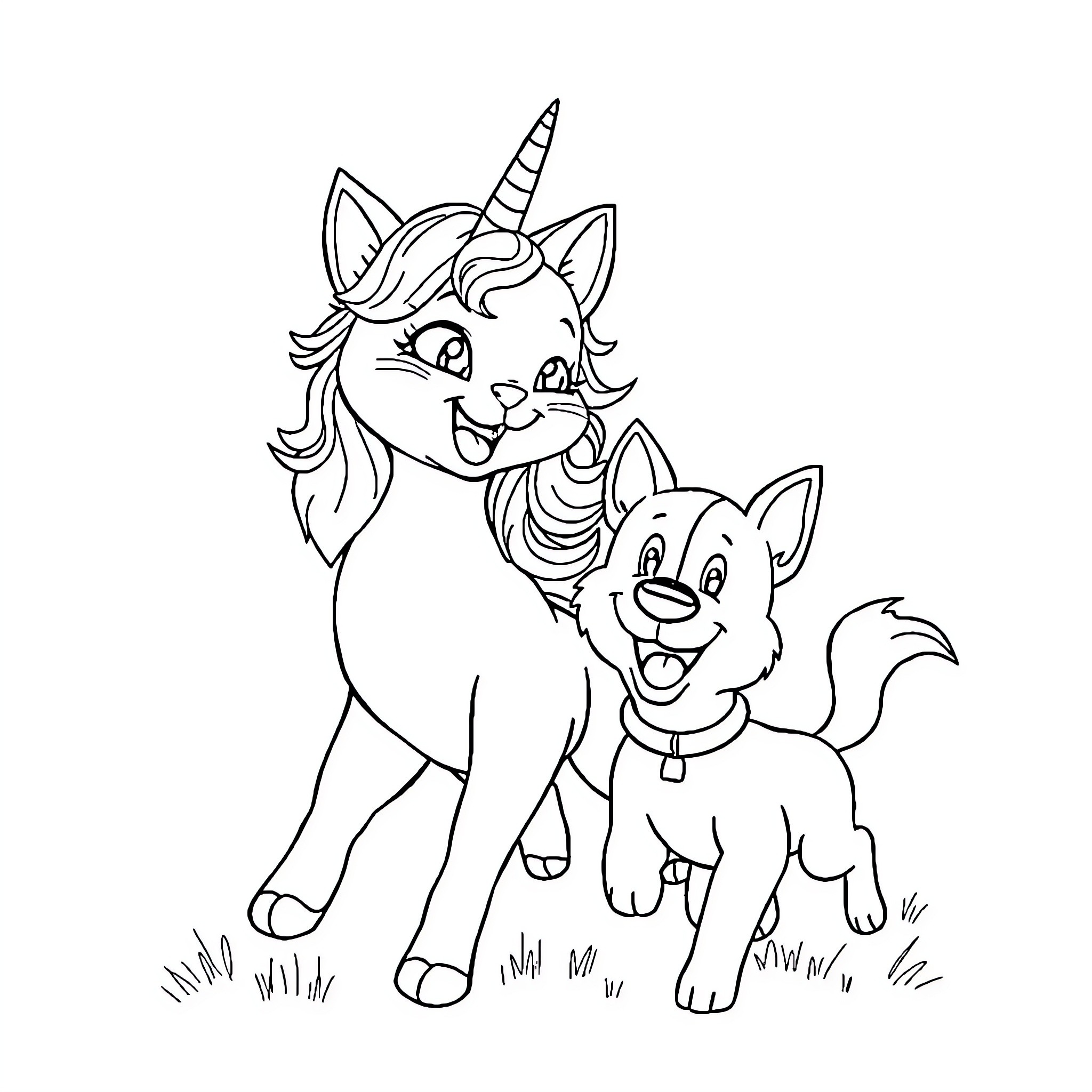 Unicorn Cat and Puppy Playing Together Coloring Page (free black-and-white line drawing printable PDF for all, from beginners to advanced learners, including children, teens, adults, and seniors)