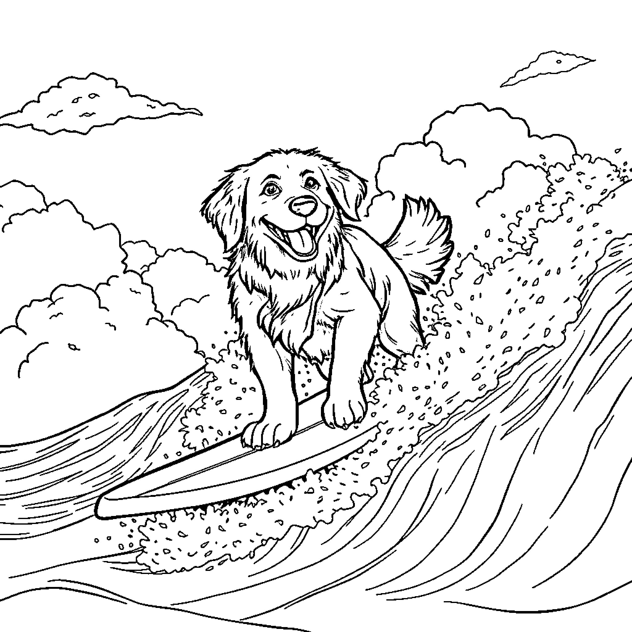 Golden Retriever surfing in the waves Coloring Page (free black-and-white line drawing printable PDF for all, from beginners to advanced learners, including children, teens, adults, and seniors)