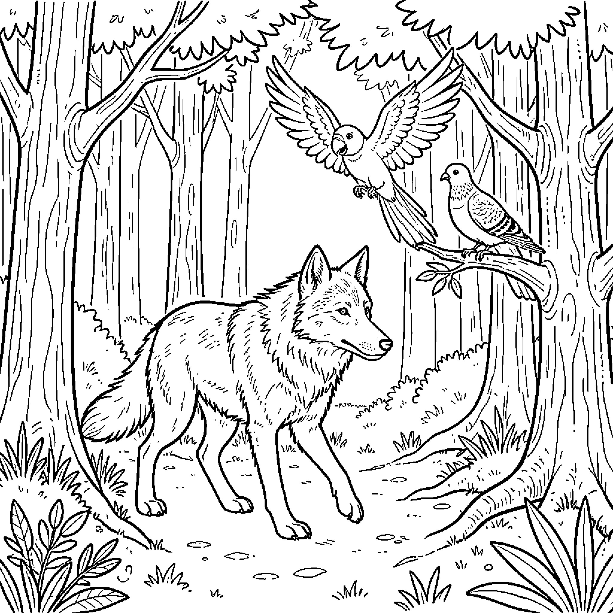 Wolf walking through a forest with birds Coloring Page (free black-and-white line drawing printable PDF for all, from beginners to advanced learners, including children, teens, adults, and seniors)