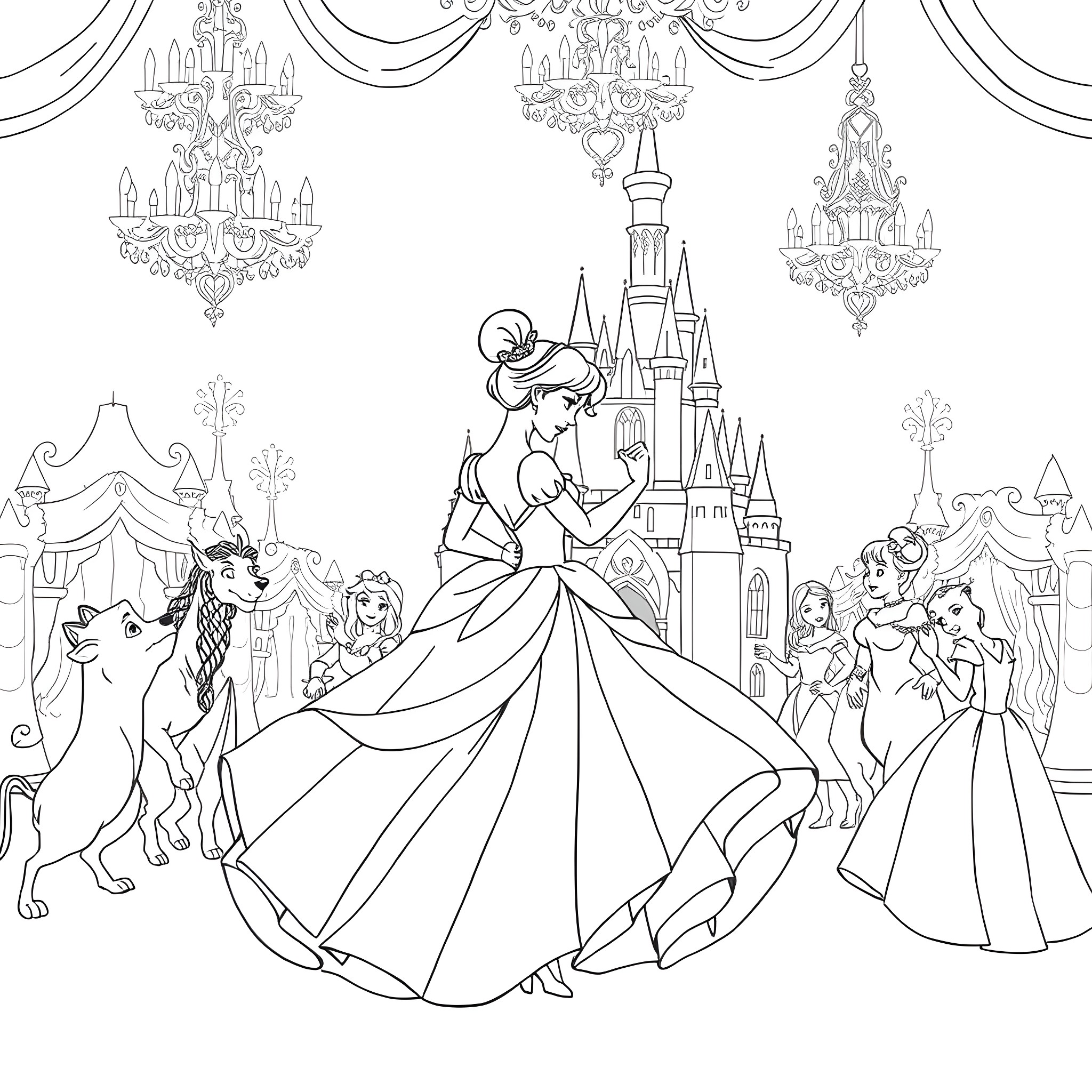 Cinderella's magical ball at the castle Coloring Page (free black-and-white line drawing printable PDF for all, from beginners to advanced learners, including children, teens, adults, and seniors)