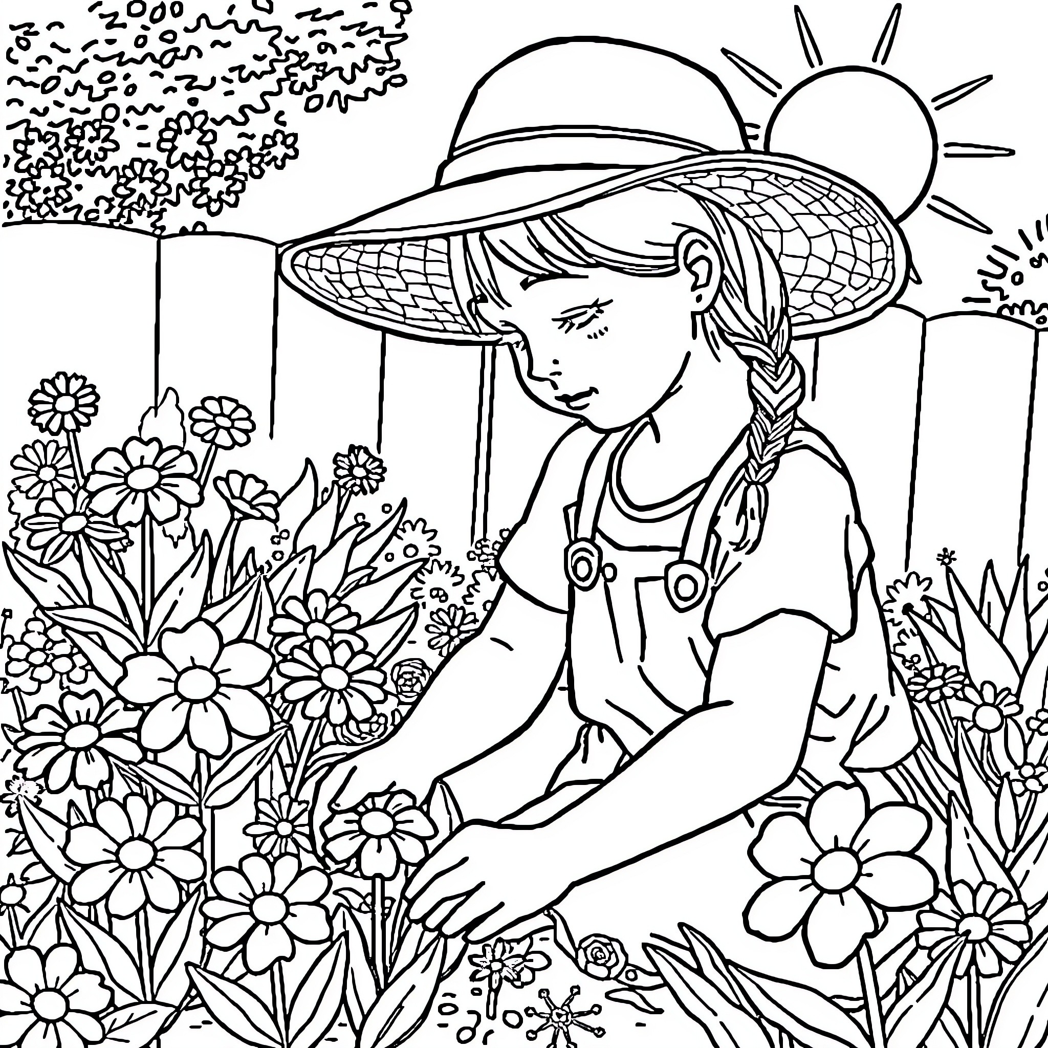Girl enjoying nature and flowers in the garden Coloring Page (free black-and-white line drawing printable PDF for all, from beginners to advanced learners, including children, teens, adults, and seniors)