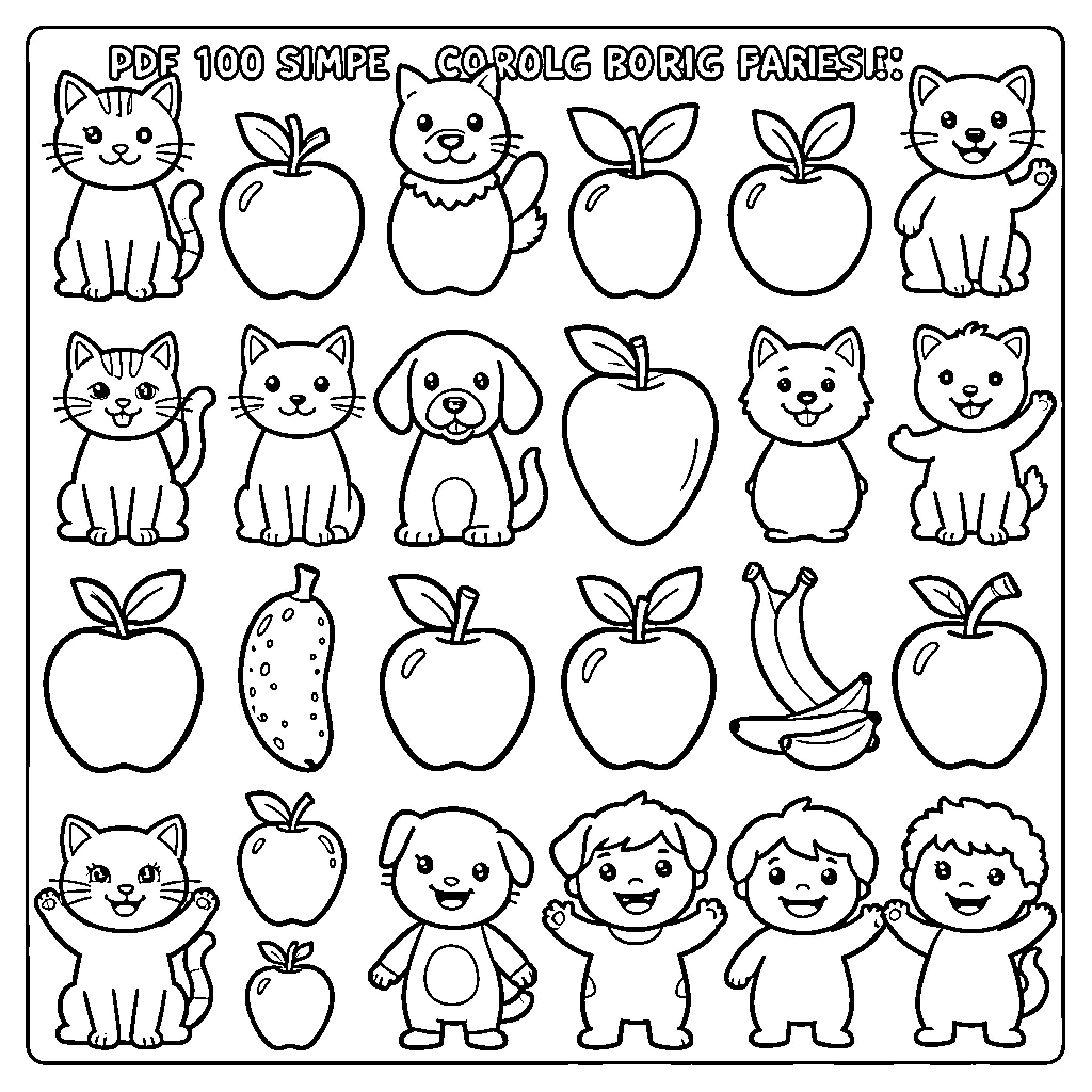 Shape of Cute Animals and Fruits in Outlines Coloring Page (free black-and-white line drawing printable PDF for all, from beginners to advanced learners, including children, teens, adults, and seniors)